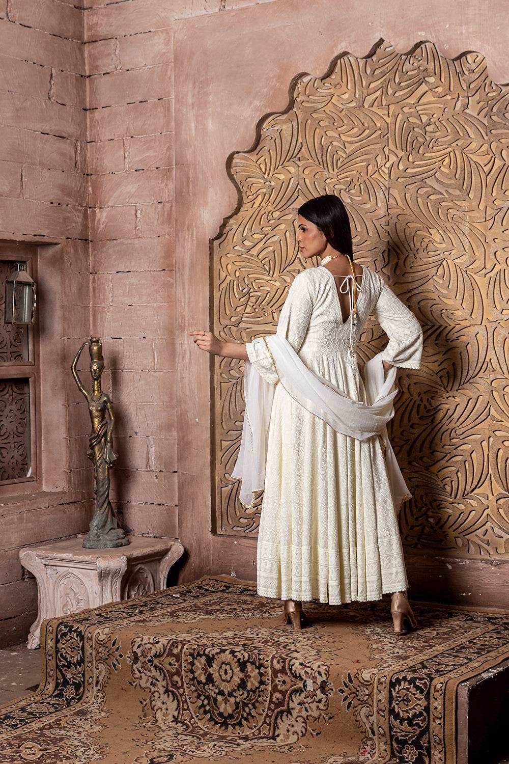 Falak - Embroidered Dress & Dupatta - Cream Anarkali with Chiffon Dupatta - Monk & Mei