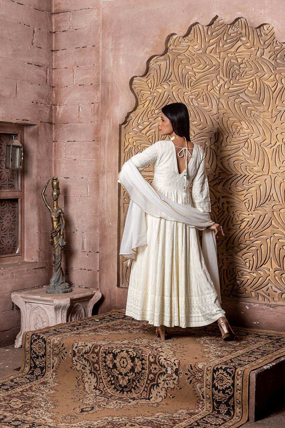 Falak - Embroidered Dress & Dupatta - Cream Anarkali with Chiffon Dupatta - Monk & Mei