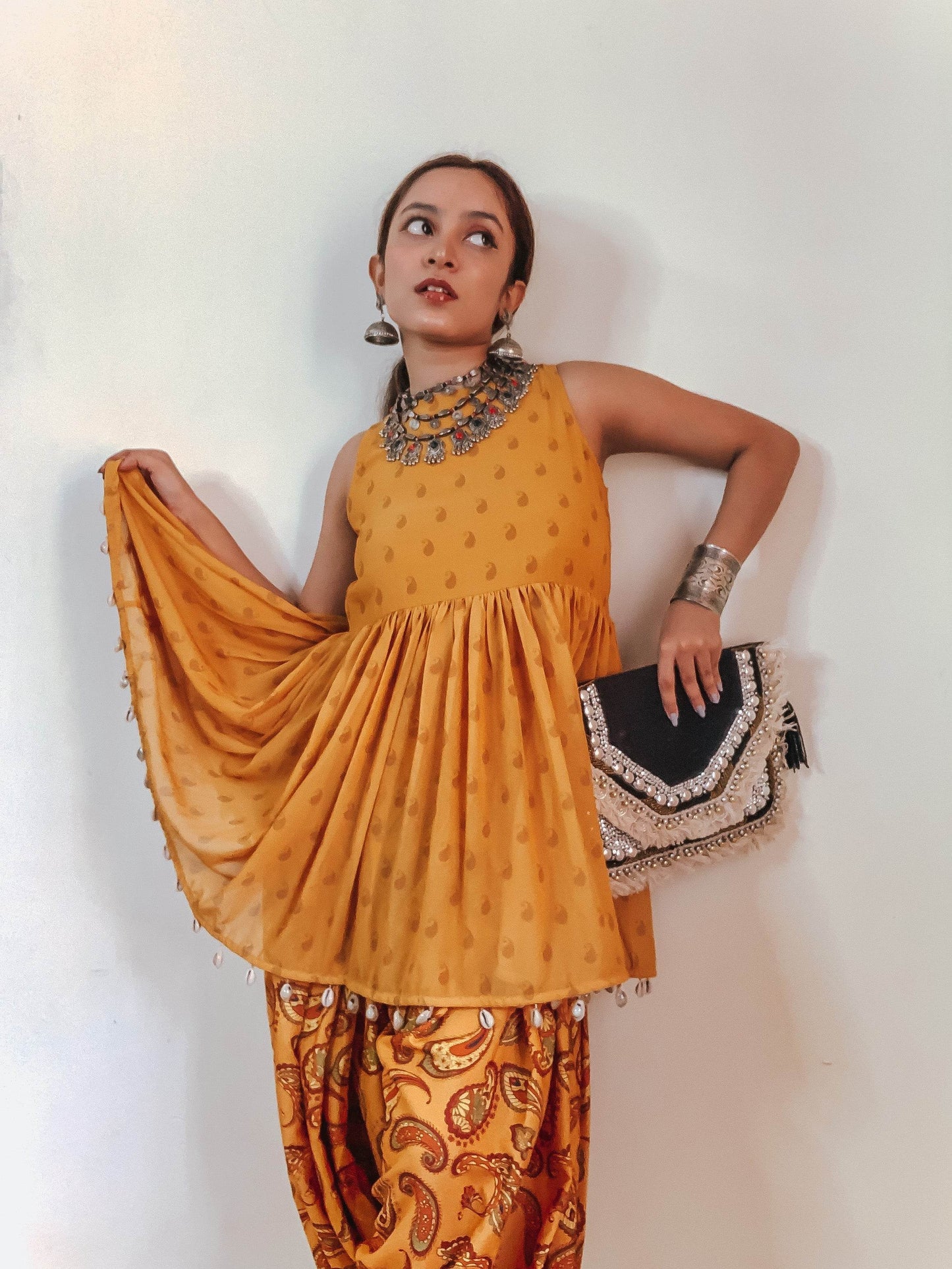 Paheli Top & Dhoti with Embroidered Belt - Turmeric Yellow - Monk & Mei