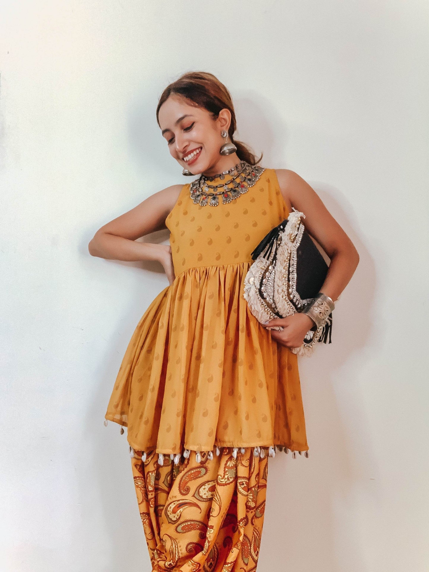 Paheli Top & Dhoti with Embroidered Belt - Turmeric Yellow - Monk & Mei