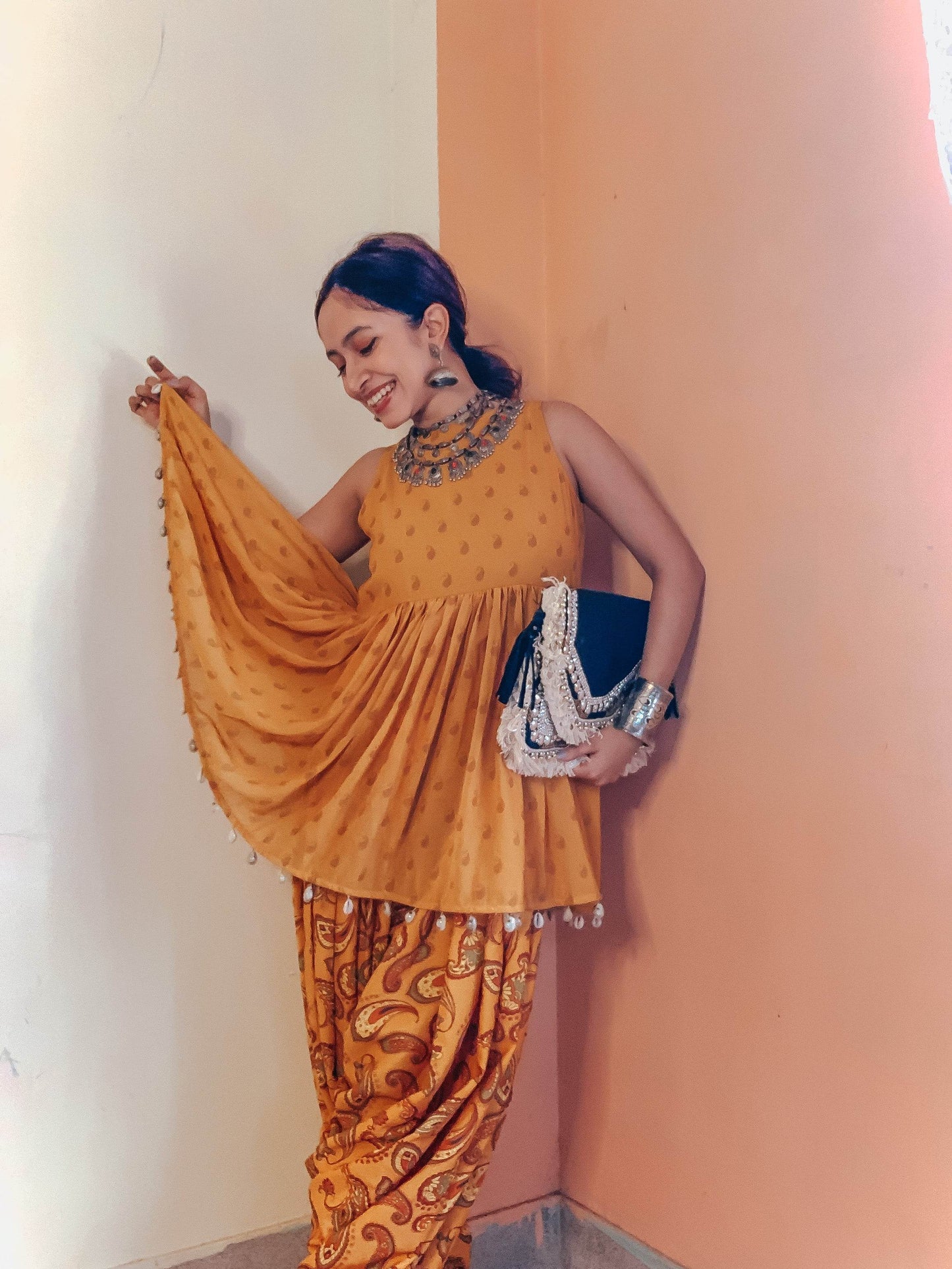 Paheli Top & Dhoti with Embroidered Belt - Turmeric Yellow - Monk & Mei