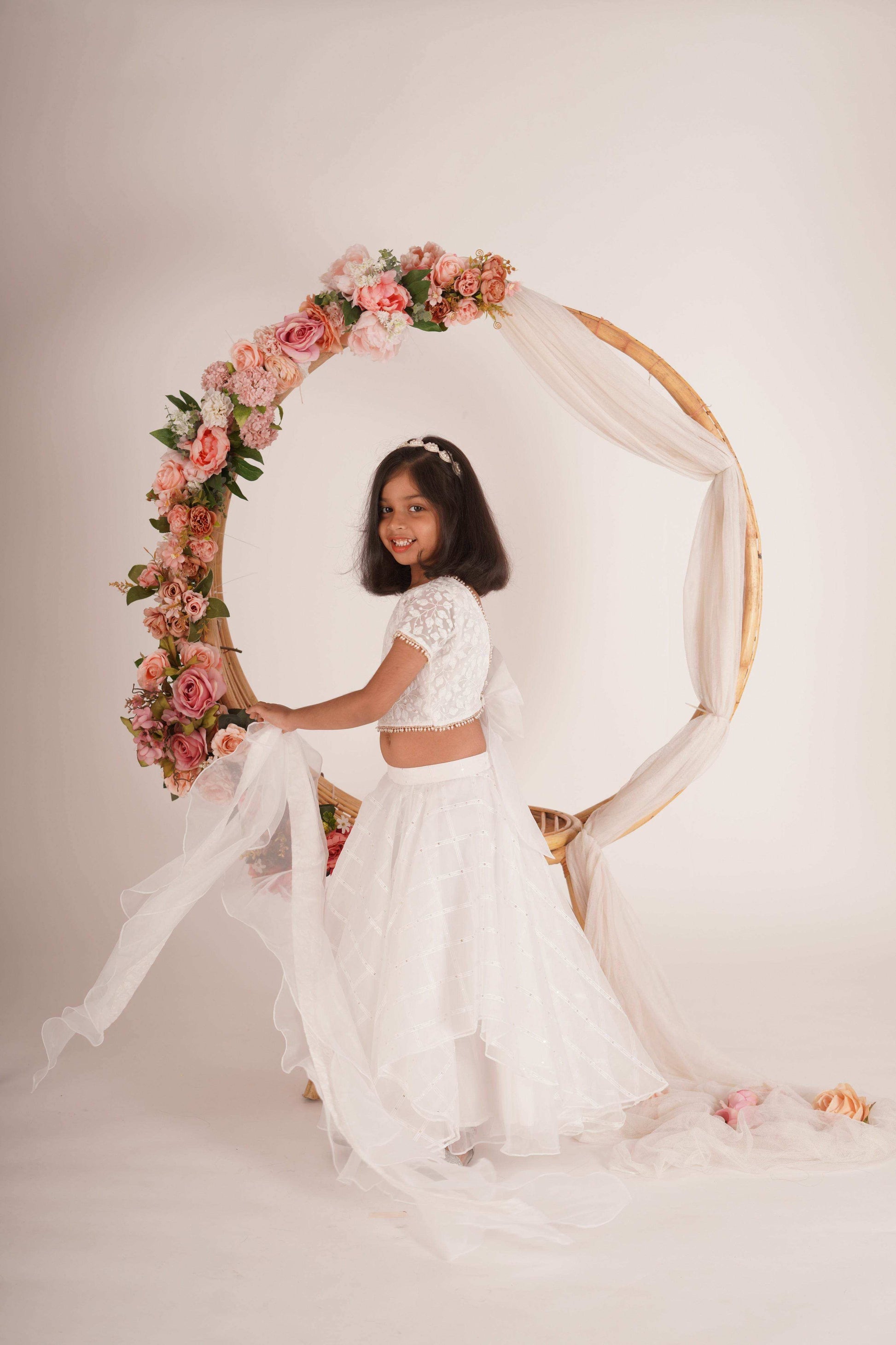 Ivana- Blouse,Lehenga and Dupatta Set - White and Rose Gold - Monk & Mei