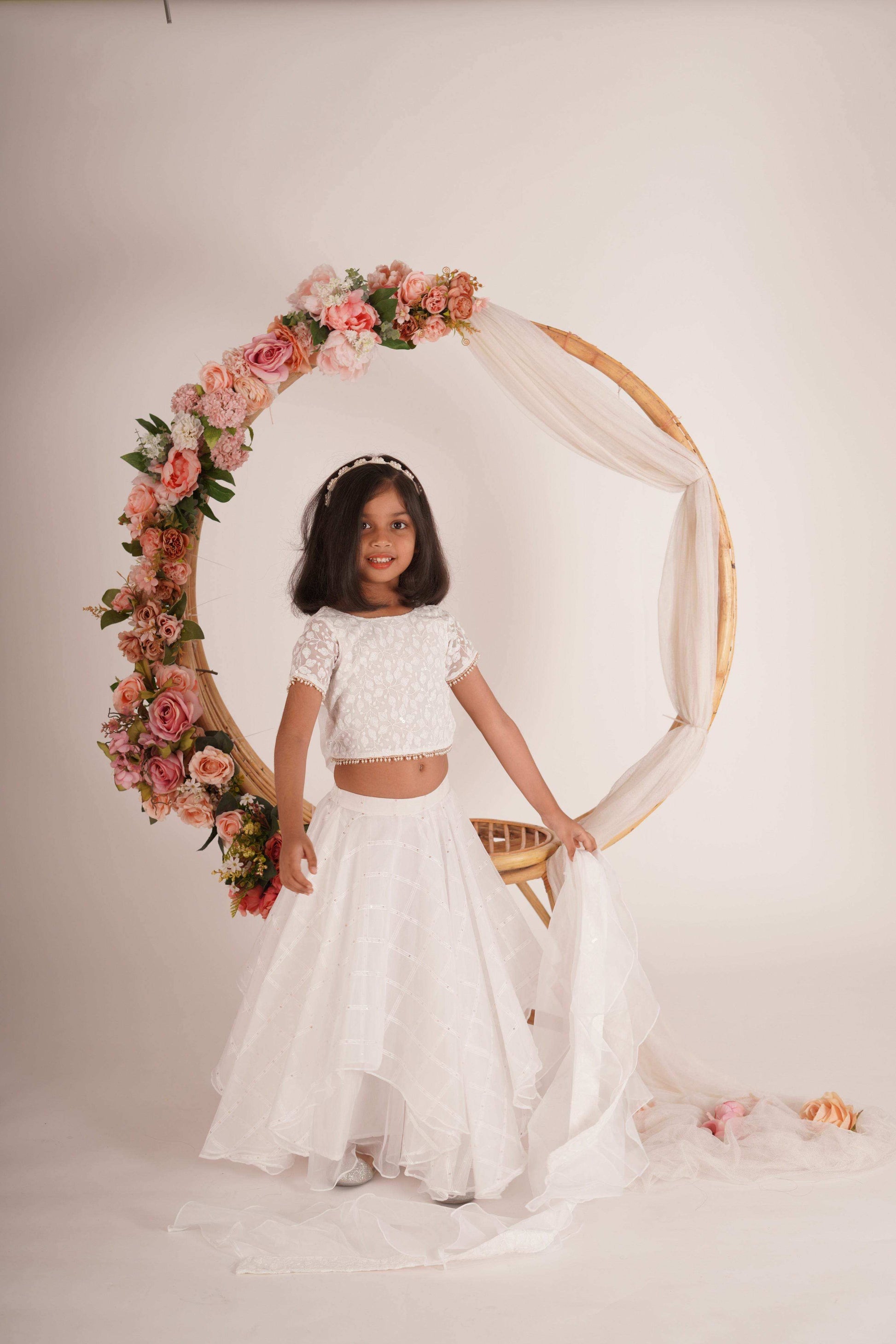 Ivana- Blouse,Lehenga and Dupatta Set - White and Rose Gold - Monk & Mei