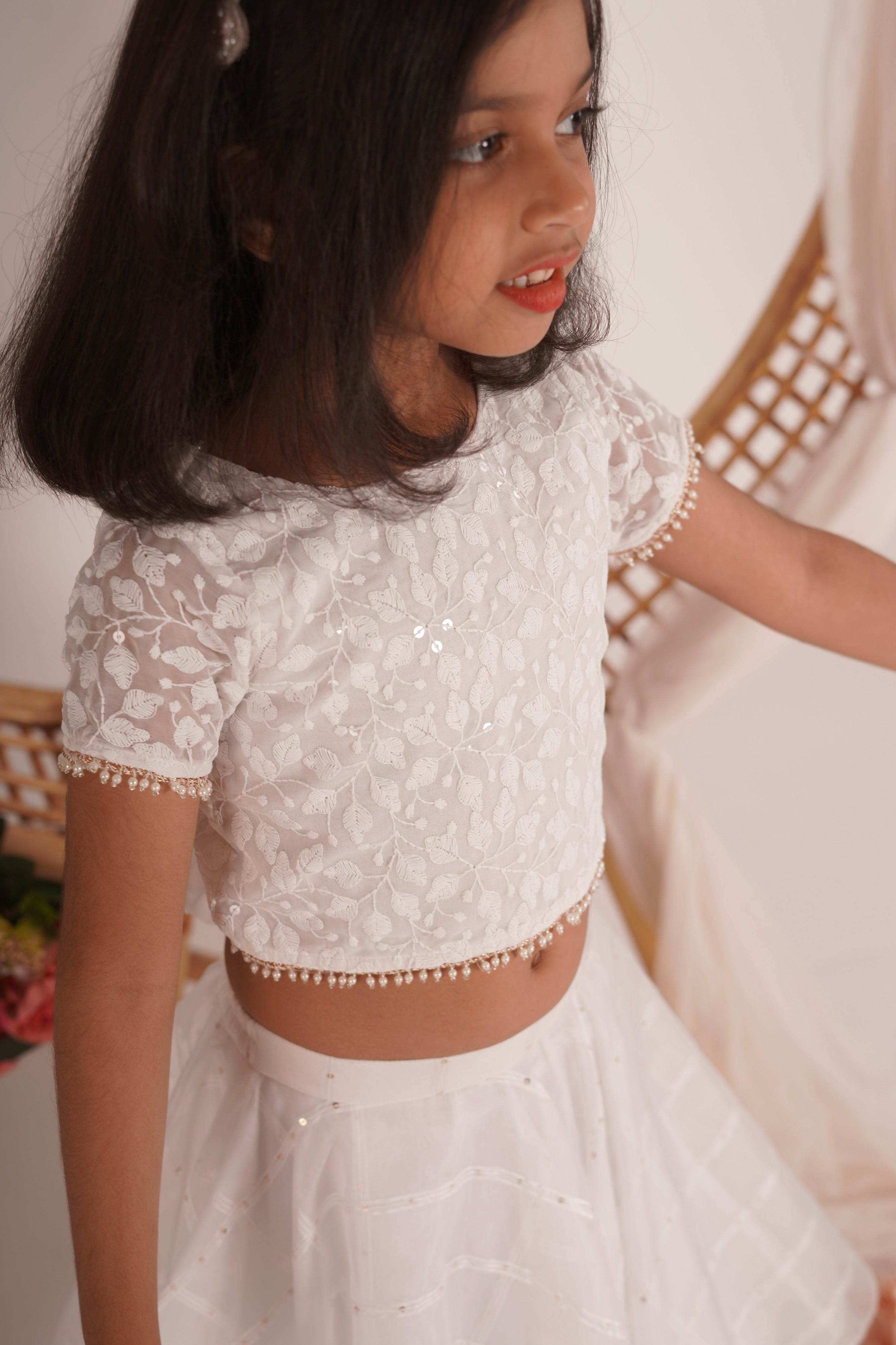 Ivana- Blouse,Lehenga and Dupatta Set - White and Rose Gold - Monk & Mei