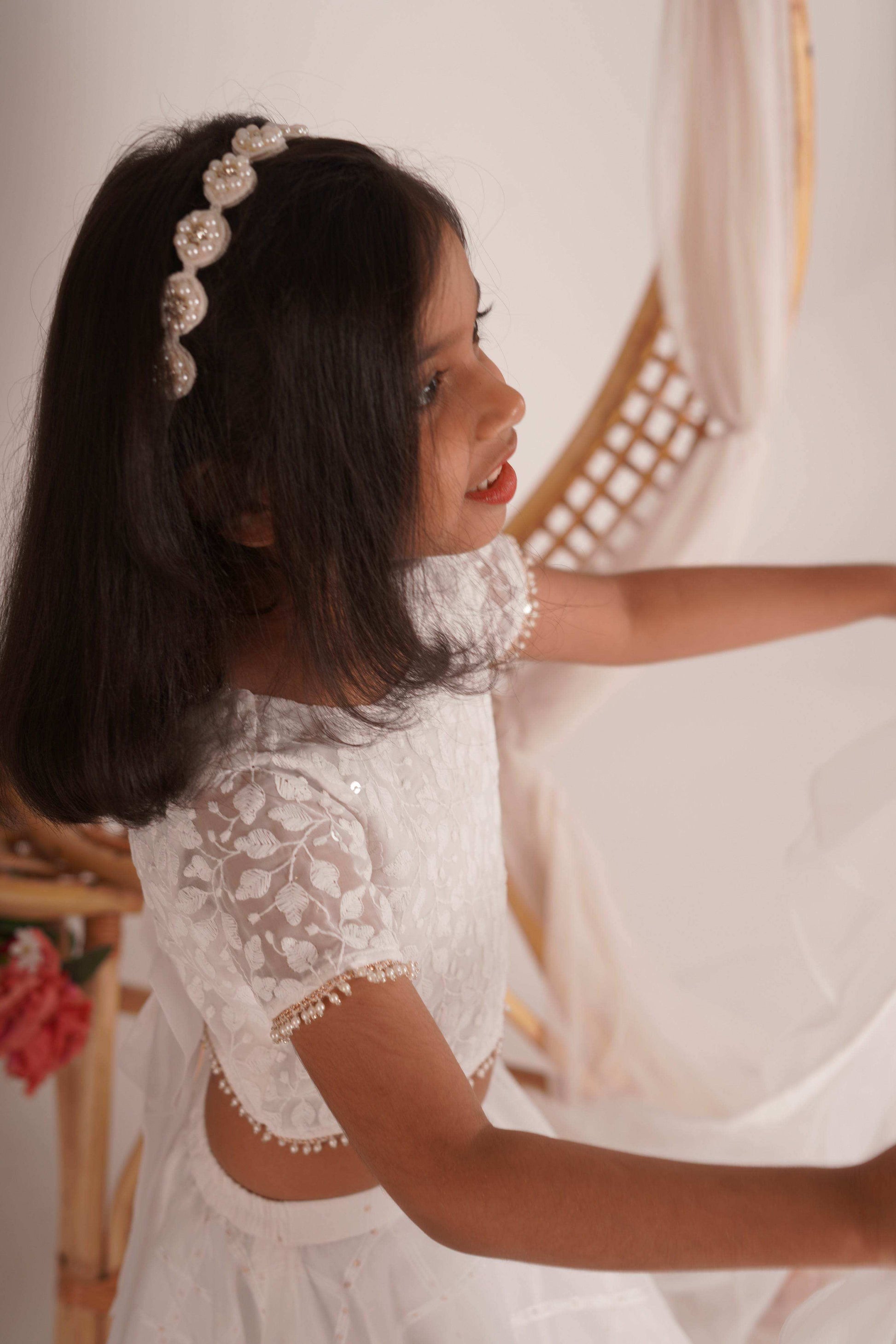 Ivana- Blouse,Lehenga and Dupatta Set - White and Rose Gold - Monk & Mei