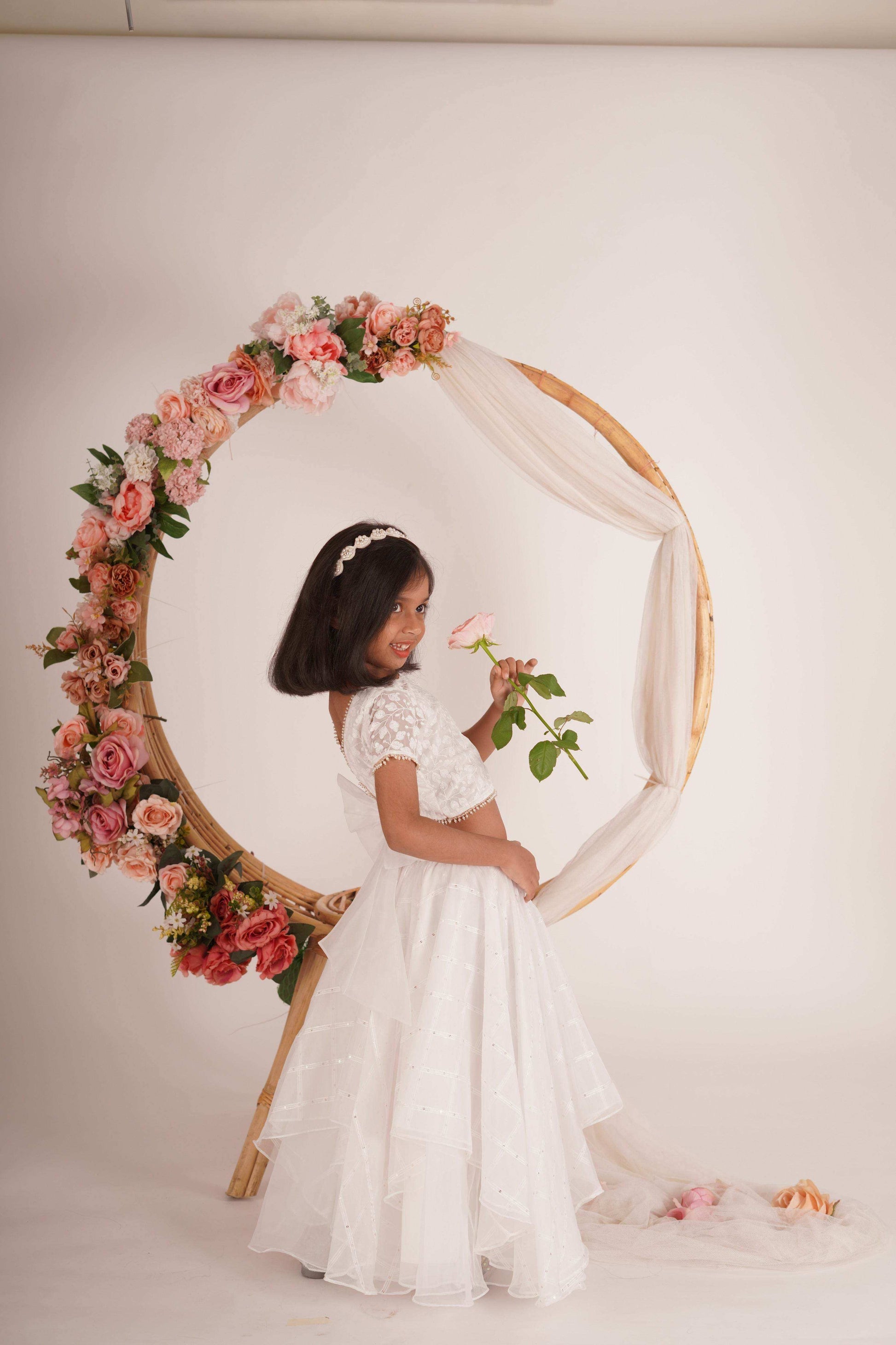 Ivana- Blouse,Lehenga and Dupatta Set - White and Rose Gold - Monk & Mei