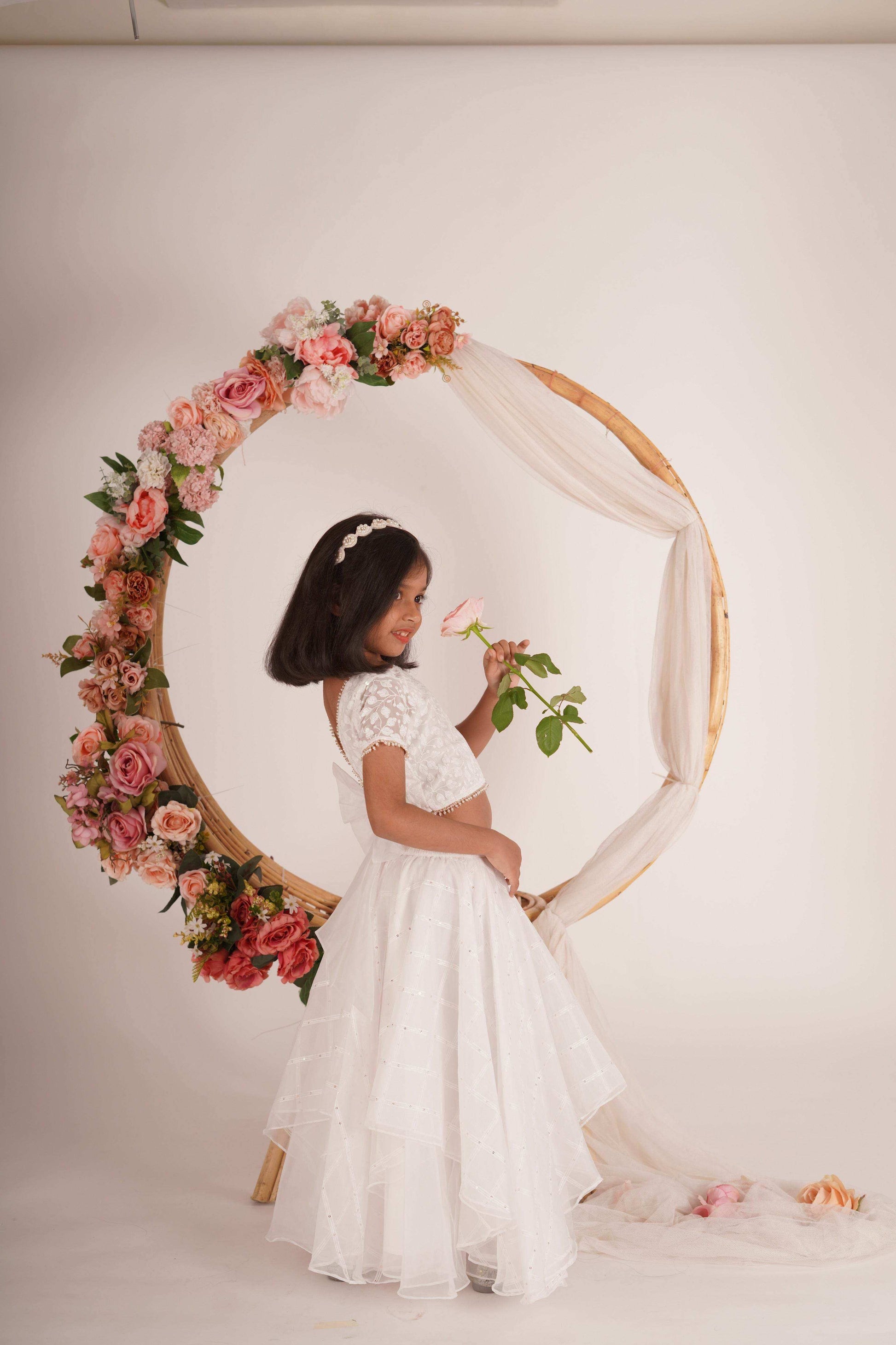 Ivana- Blouse,Lehenga and Dupatta Set - White and Rose Gold - Monk & Mei