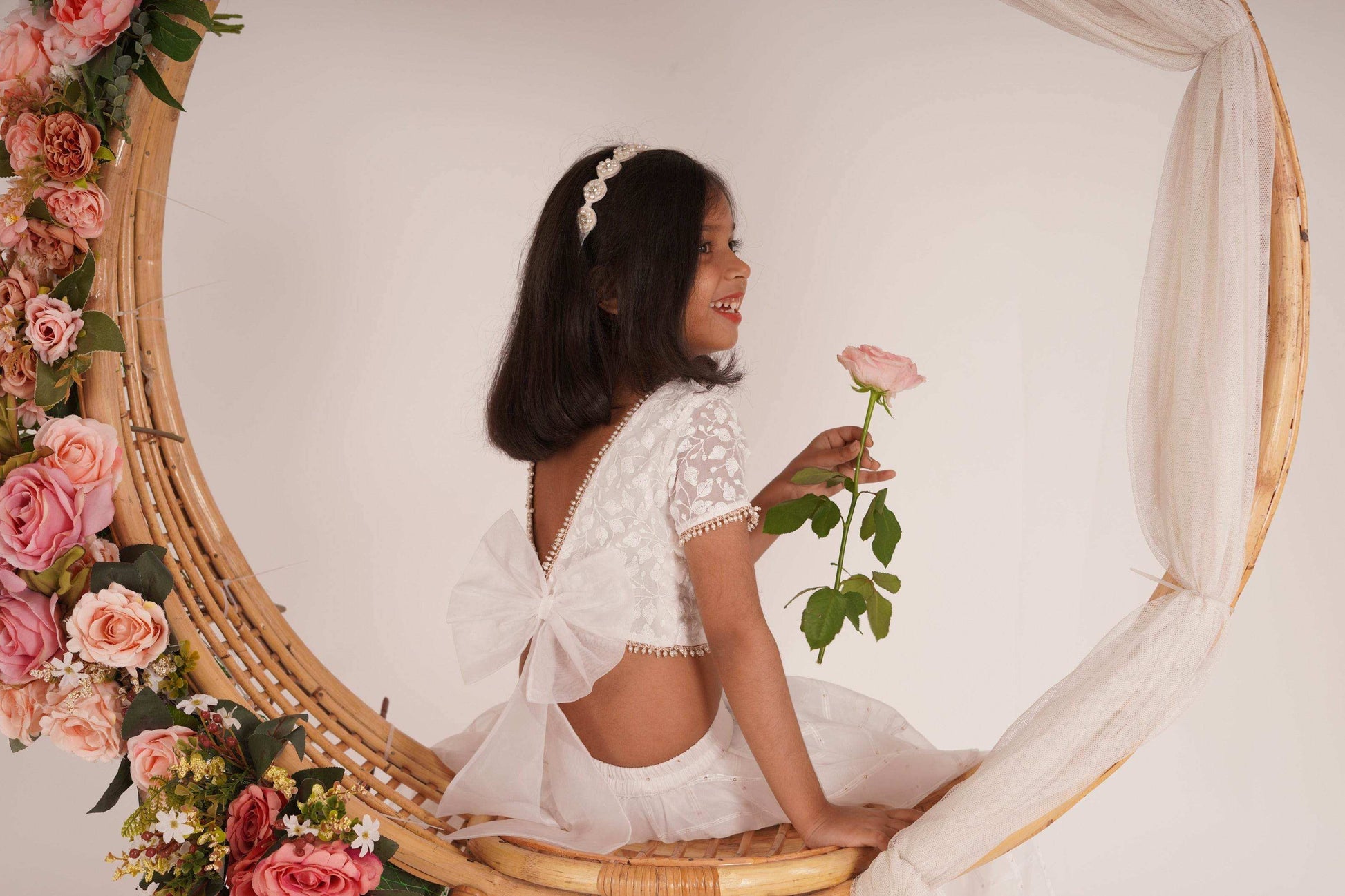 Ivana- Blouse,Lehenga and Dupatta Set - White and Rose Gold - Monk & Mei