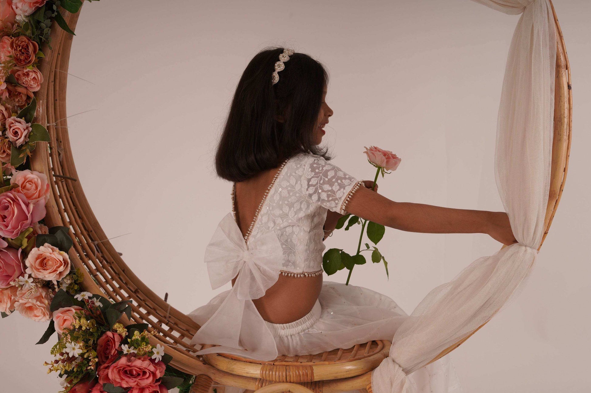 Ivana- Blouse,Lehenga and Dupatta Set - White and Rose Gold - Monk & Mei