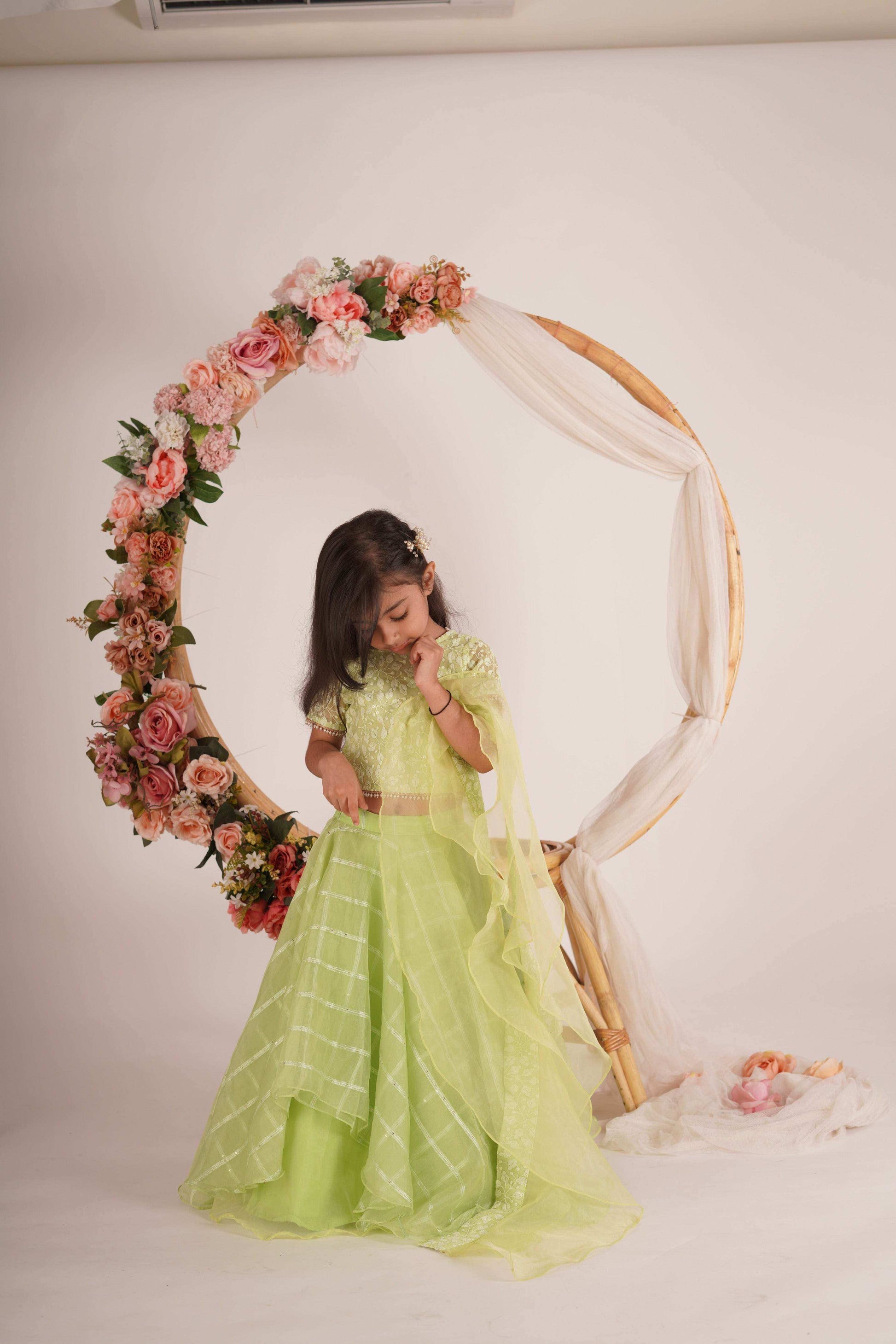 Ivana- Blouse,Lehenga and Dupatta Set - Pista Green and Rose Gold - Monk & Mei