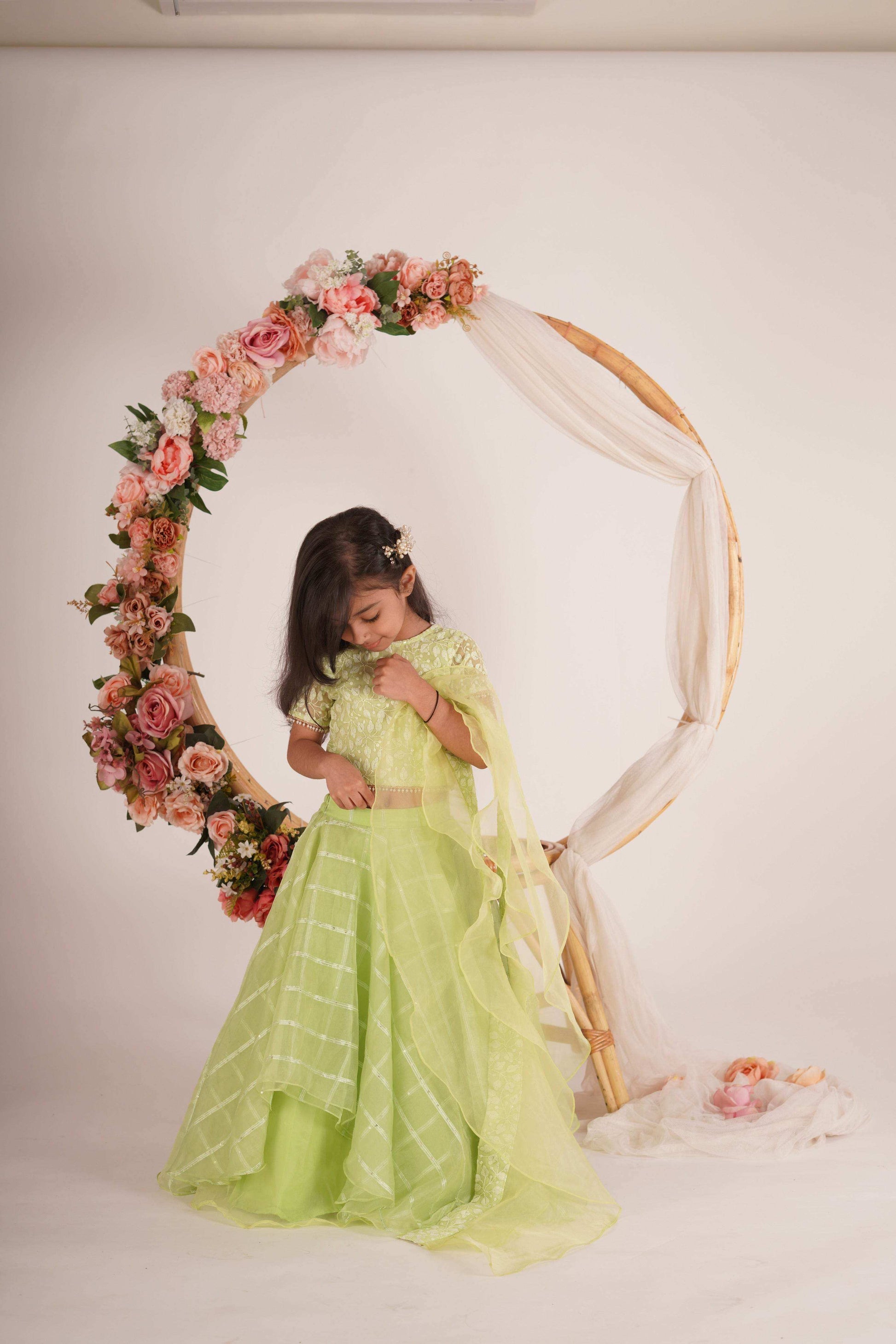 Ivana- Blouse,Lehenga and Dupatta Set - Pista Green and Rose Gold - Monk & Mei