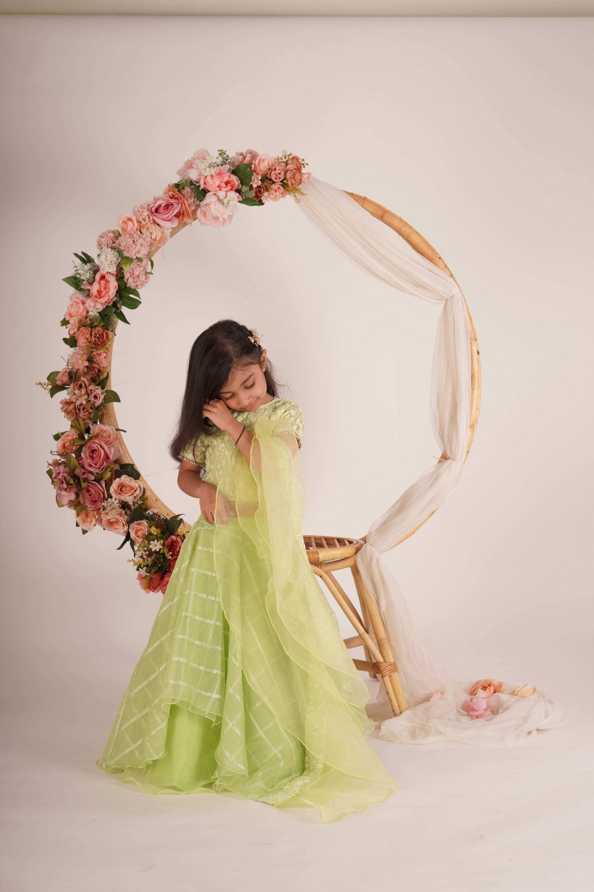 Ivana- Blouse,Lehenga and Dupatta Set - Pista Green and Rose Gold - Monk & Mei