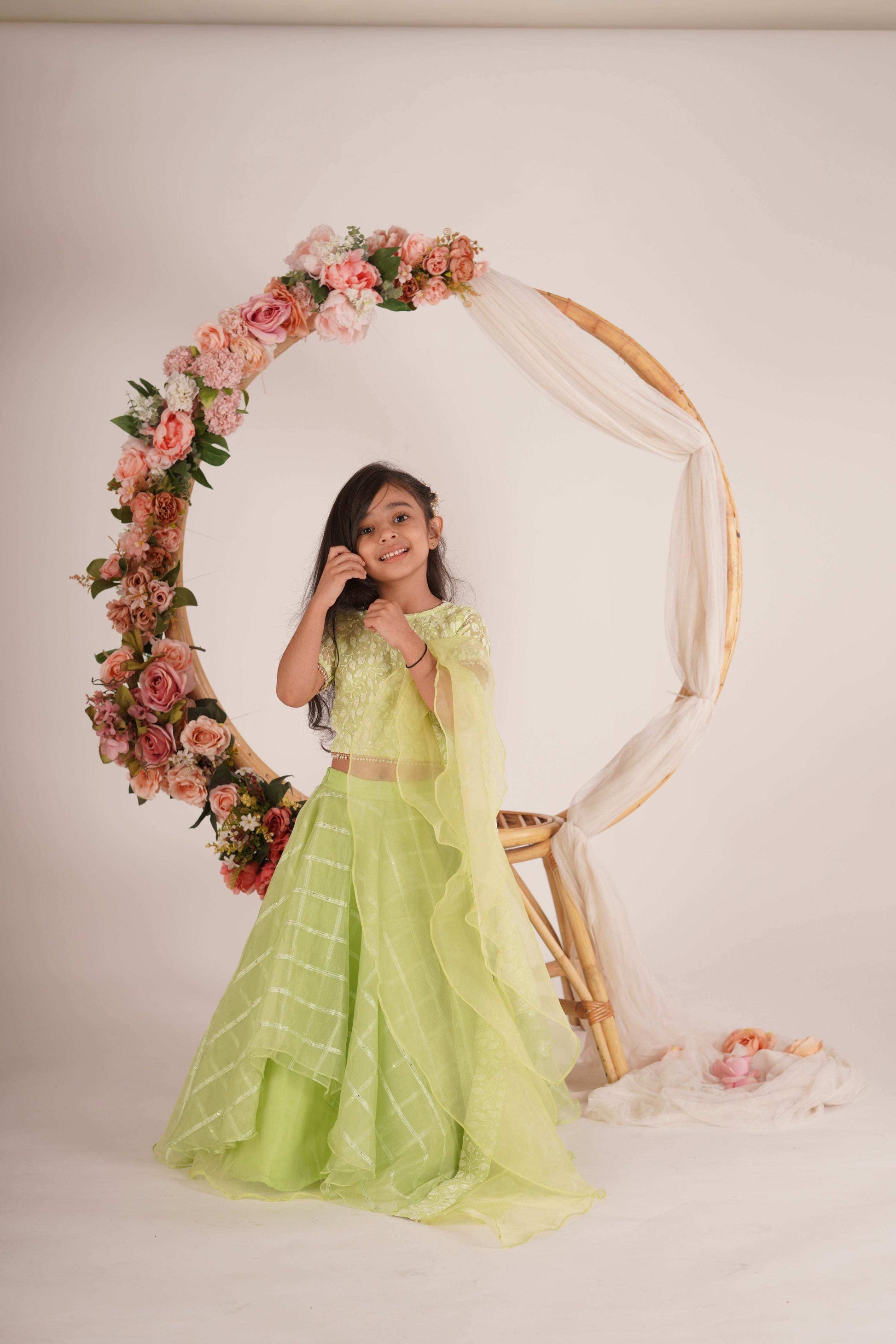 Ivana- Blouse,Lehenga and Dupatta Set - Pista Green and Rose Gold - Monk & Mei