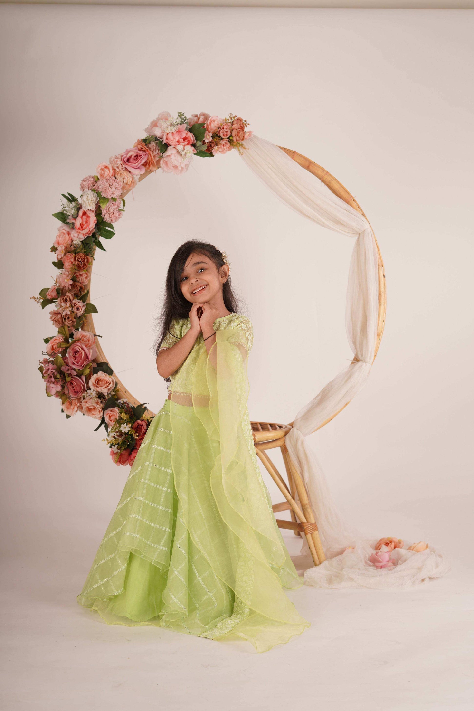 Ivana- Blouse,Lehenga and Dupatta Set - Pista Green and Rose Gold - Monk & Mei