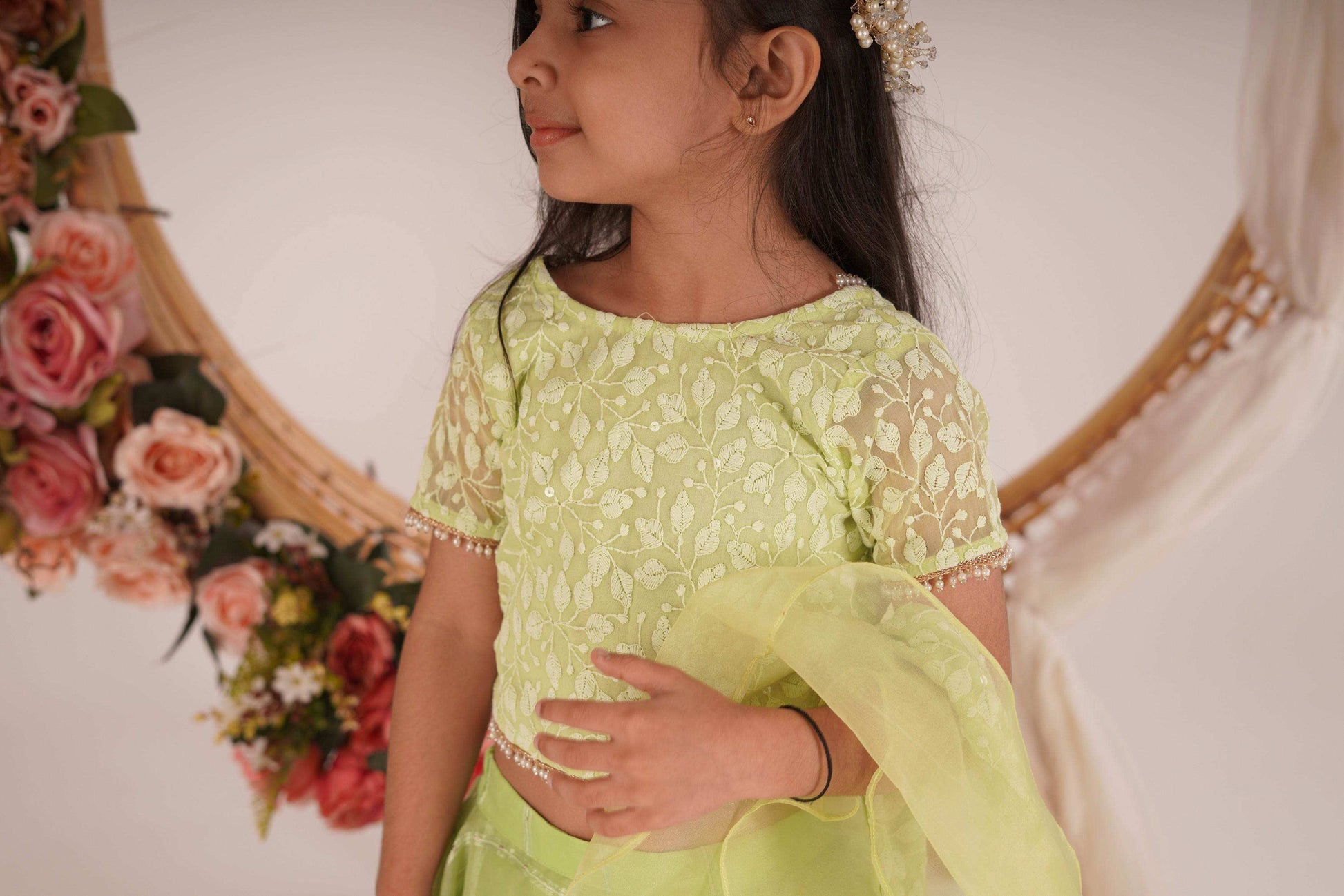 Ivana- Blouse,Lehenga and Dupatta Set - Pista Green and Rose Gold - Monk & Mei