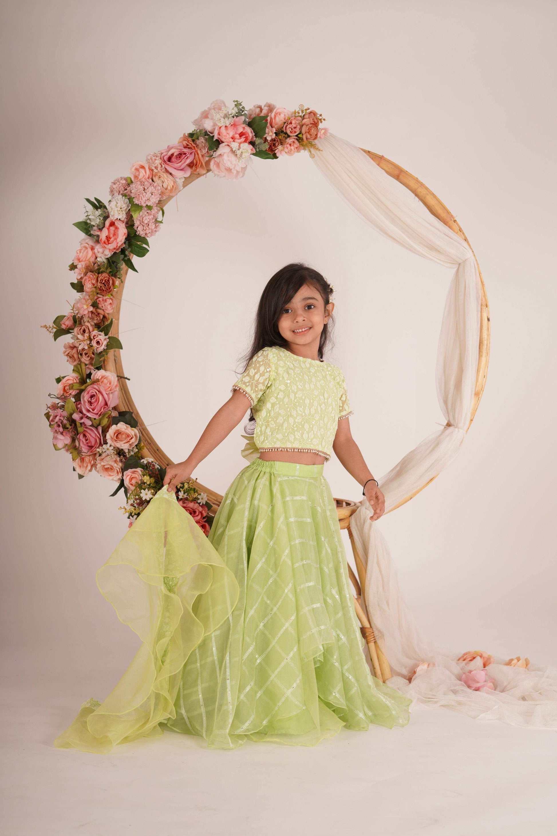 Ivana- Blouse,Lehenga and Dupatta Set - Pista Green and Rose Gold - Monk & Mei