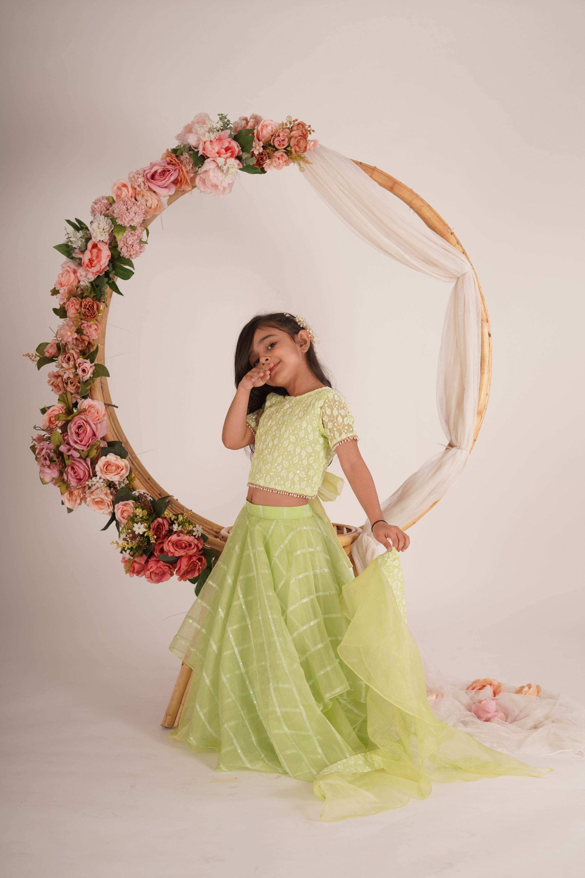 Ivana- Blouse,Lehenga and Dupatta Set - Pista Green and Rose Gold - Monk & Mei