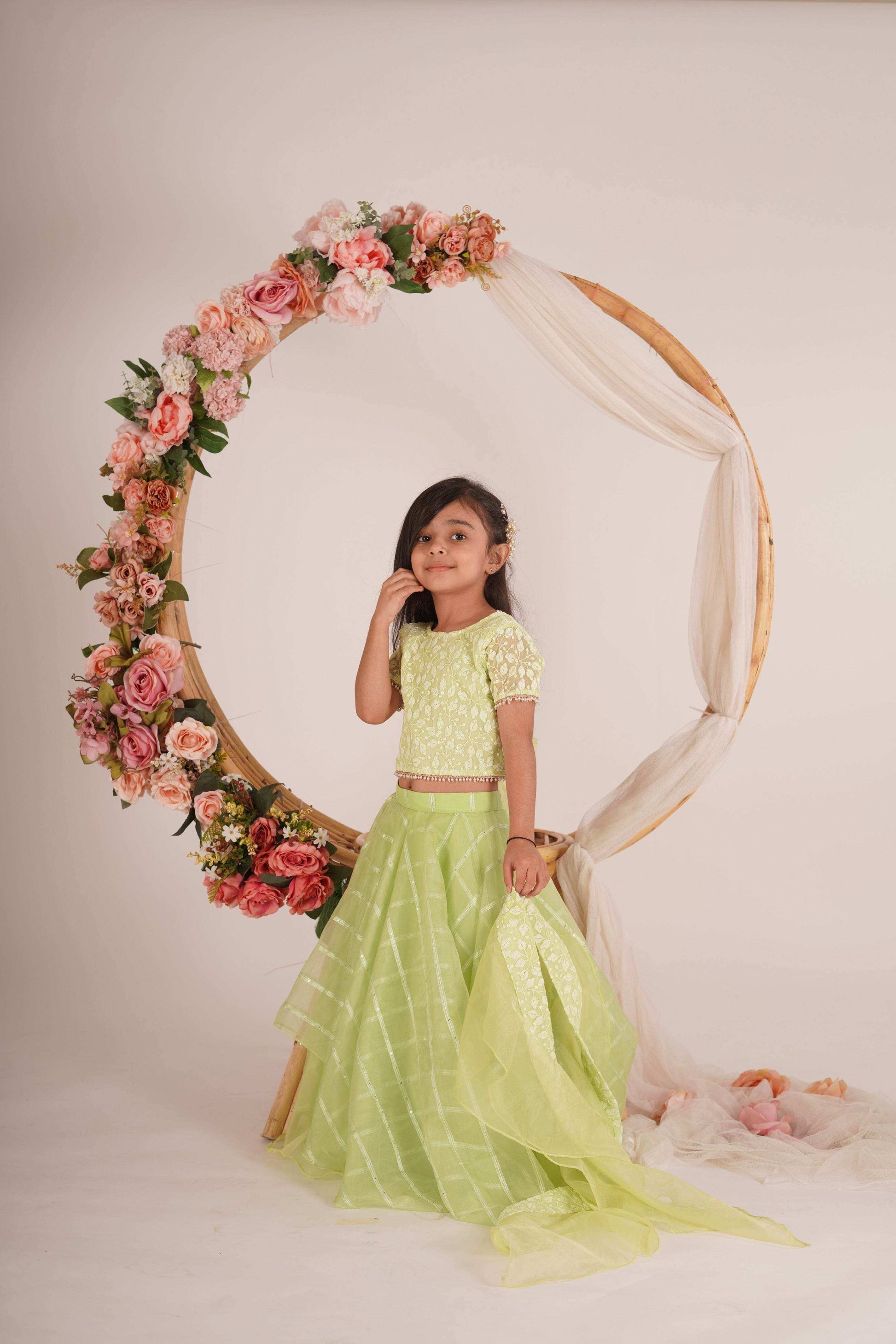 Ivana- Blouse,Lehenga and Dupatta Set - Pista Green and Rose Gold - Monk & Mei