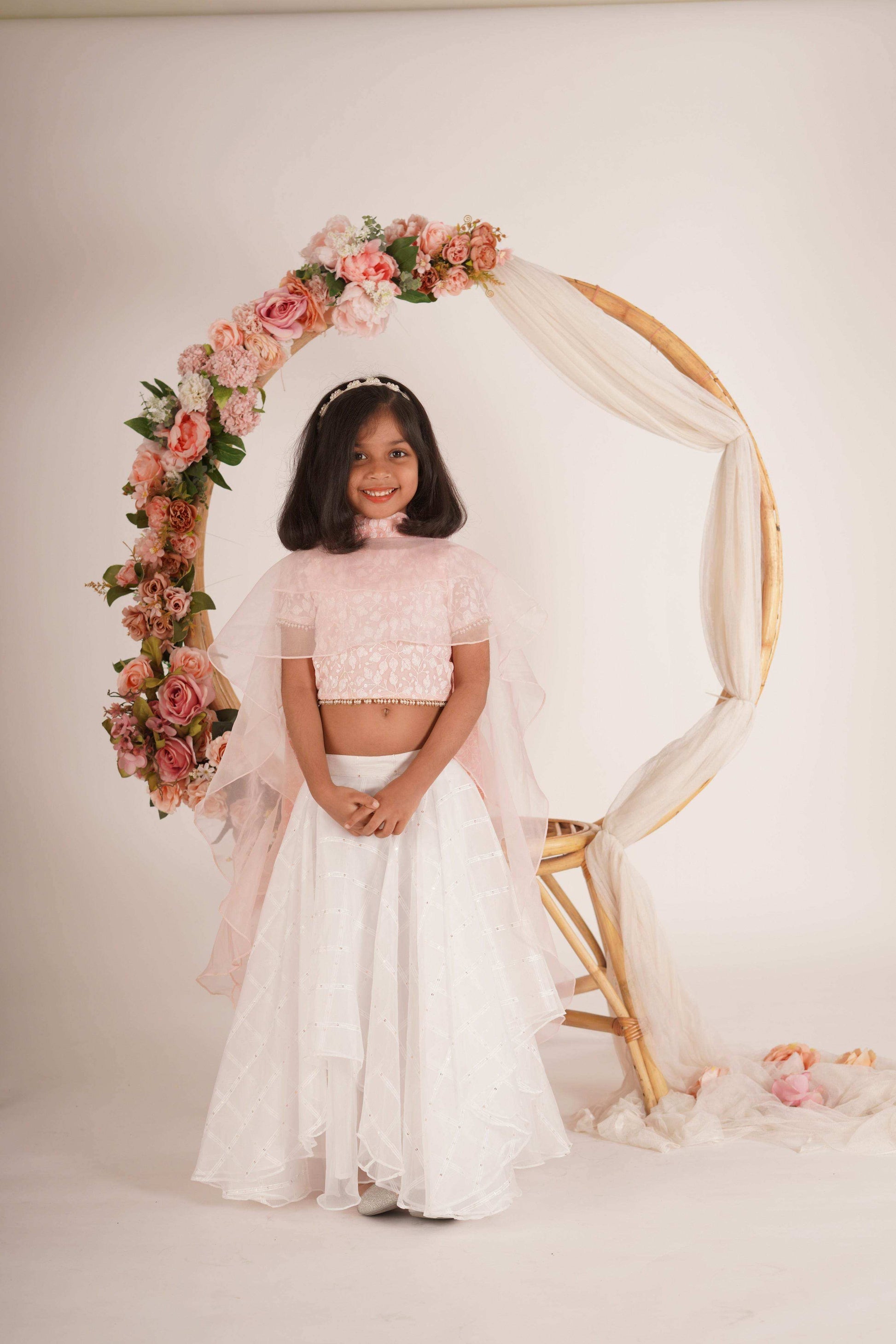 Ivana- Blouse,Lehenga and Dupatta Set - White Peach Pink and Rose Gold - Monk & Mei