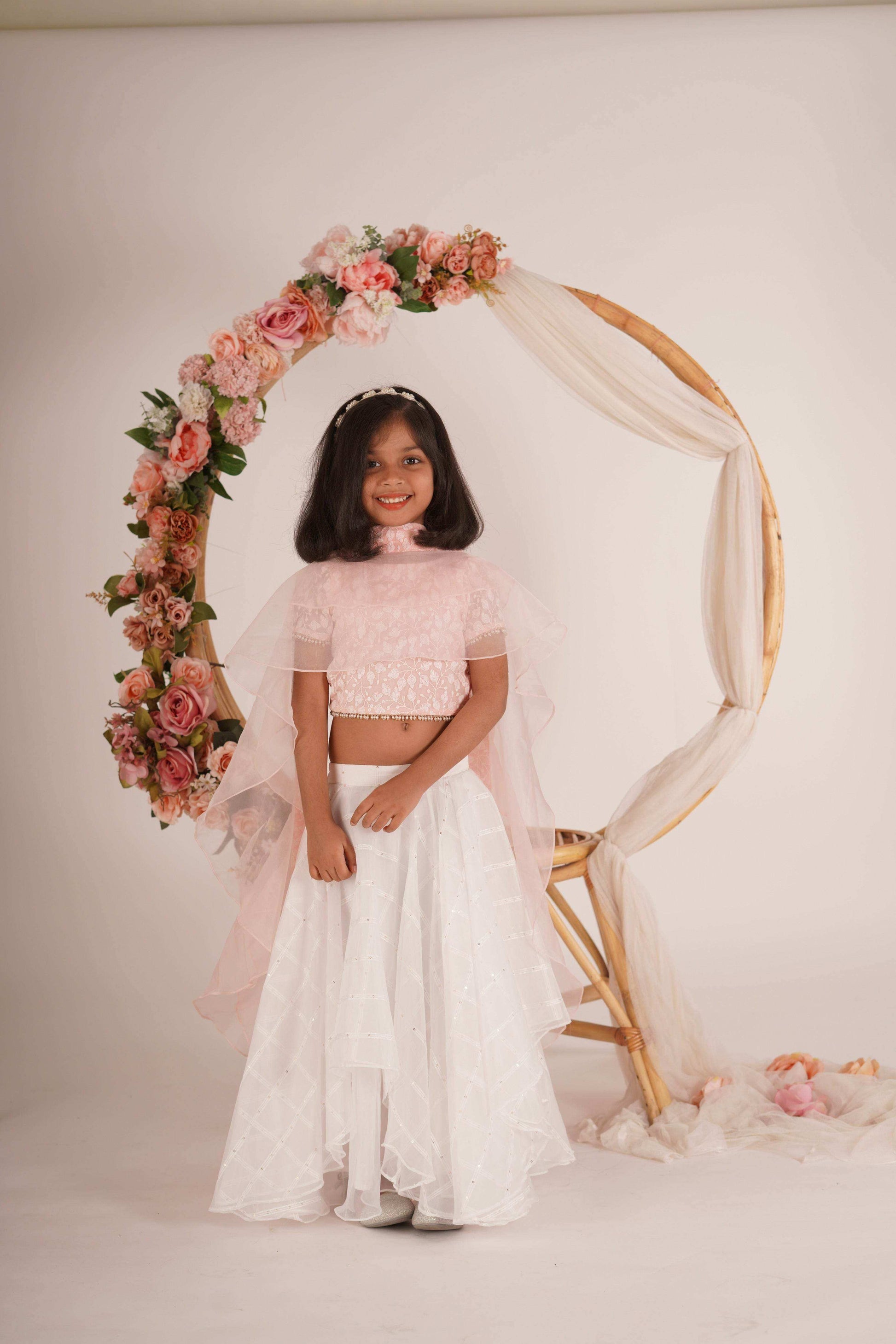 Ivana- Blouse,Lehenga and Dupatta Set - White Peach Pink and Rose Gold - Monk & Mei