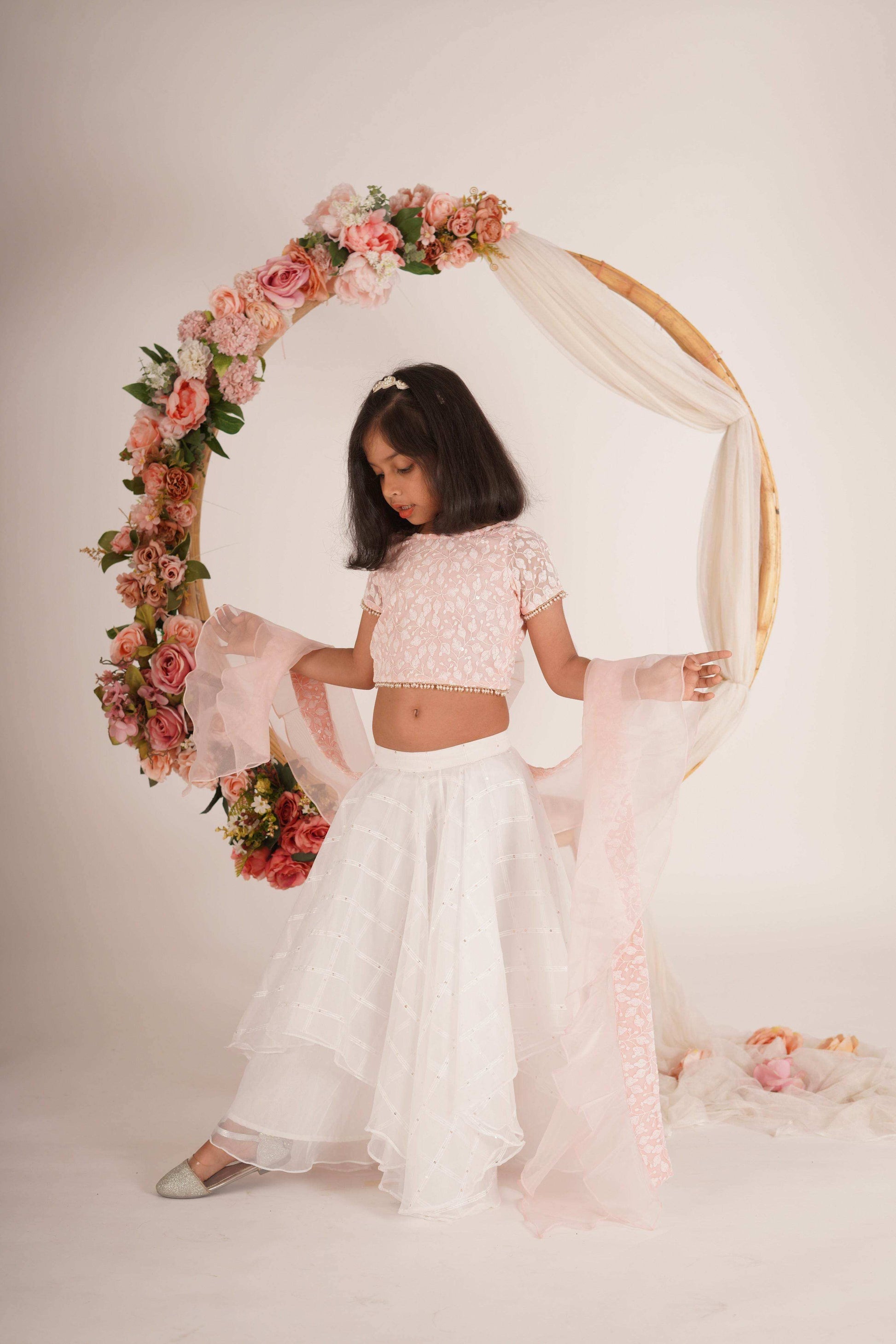 Ivana- Blouse,Lehenga and Dupatta Set - White Peach Pink and Rose Gold - Monk & Mei