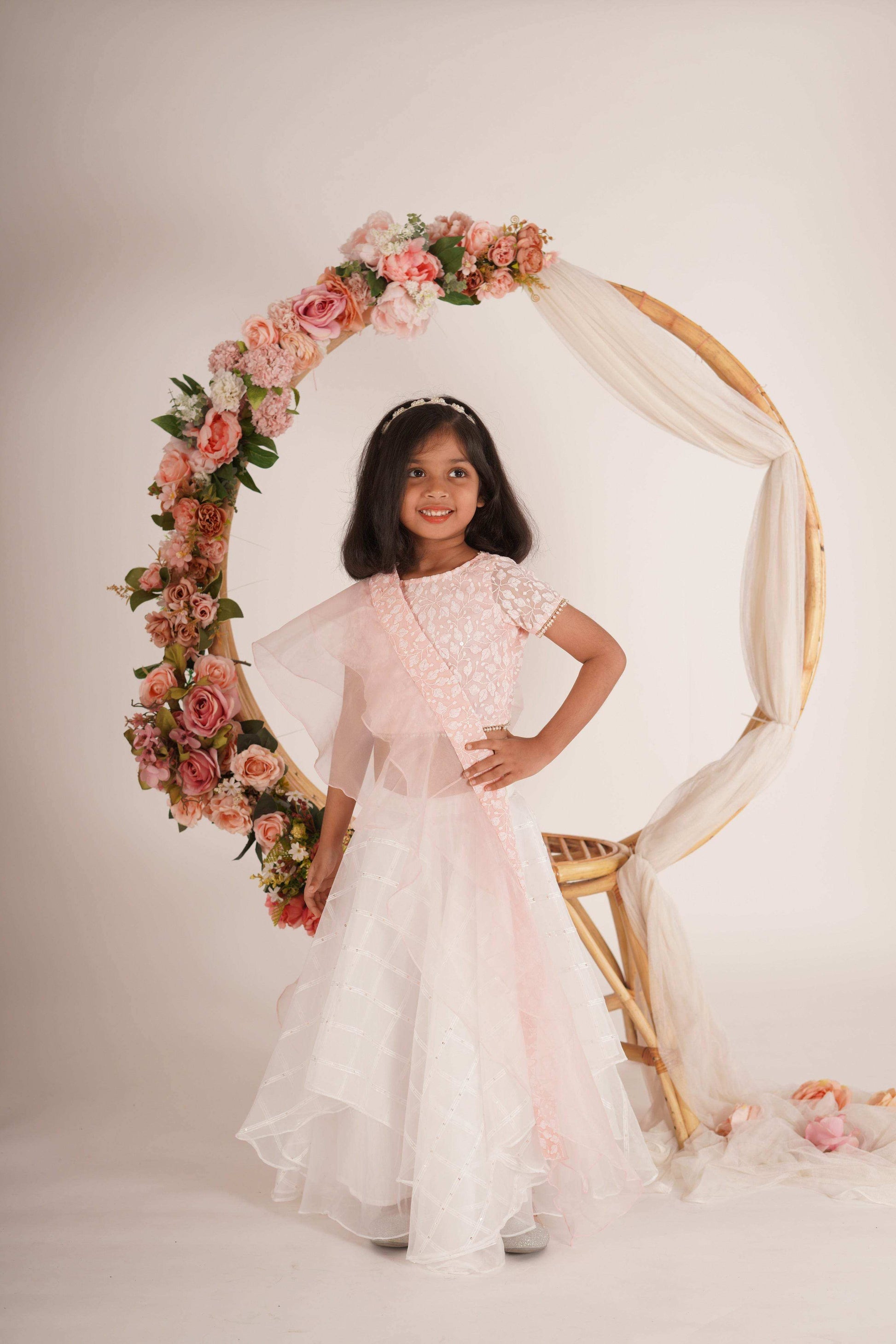 Ivana- Blouse,Lehenga and Dupatta Set - White Peach Pink and Rose Gold - Monk & Mei