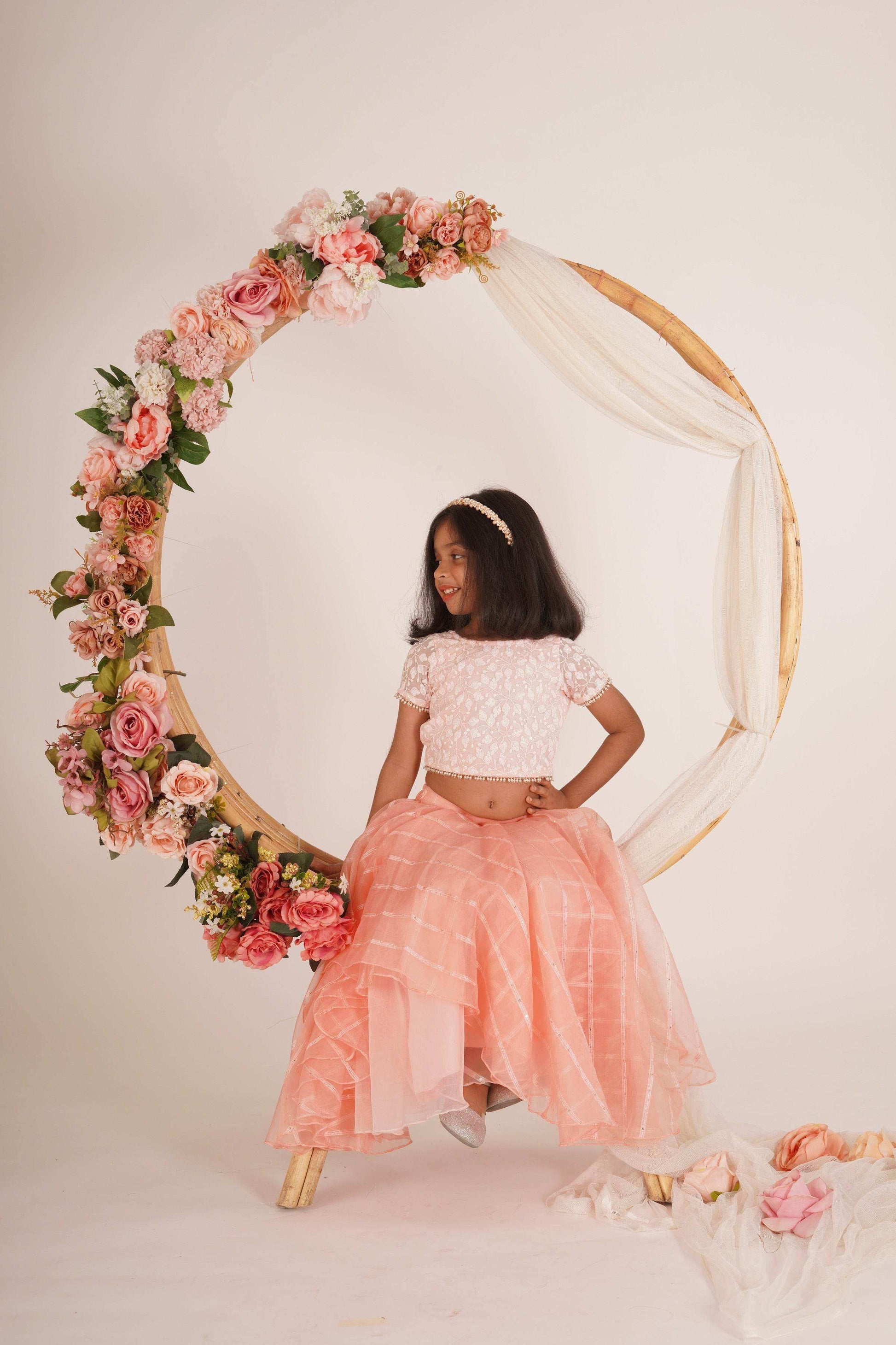 Ivana- Blouse,Lehenga and Dupatta Set - Peach Pink and Rose Gold - Monk & Mei