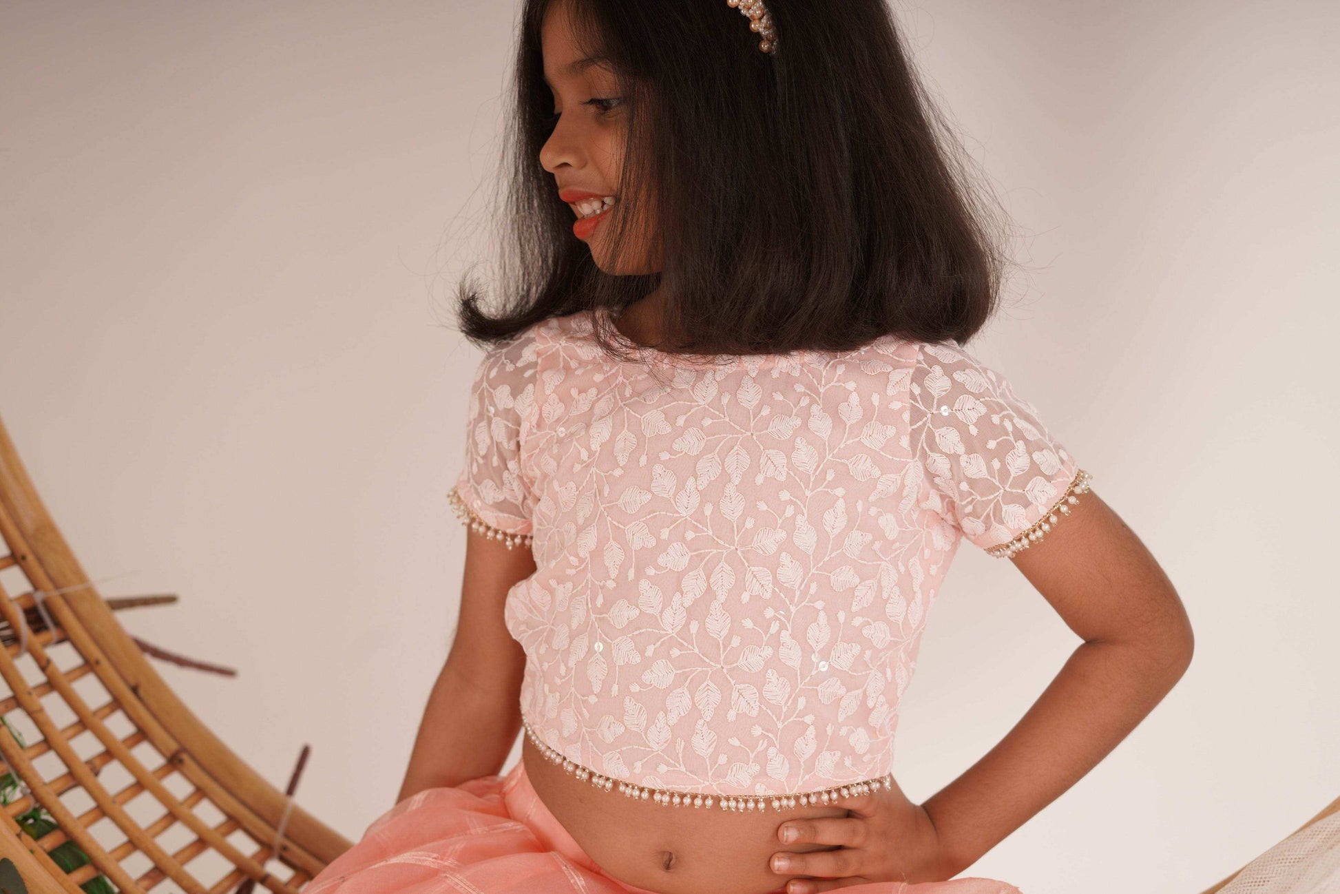 Ivana- Blouse,Lehenga and Dupatta Set - Peach Pink and Rose Gold - Monk & Mei