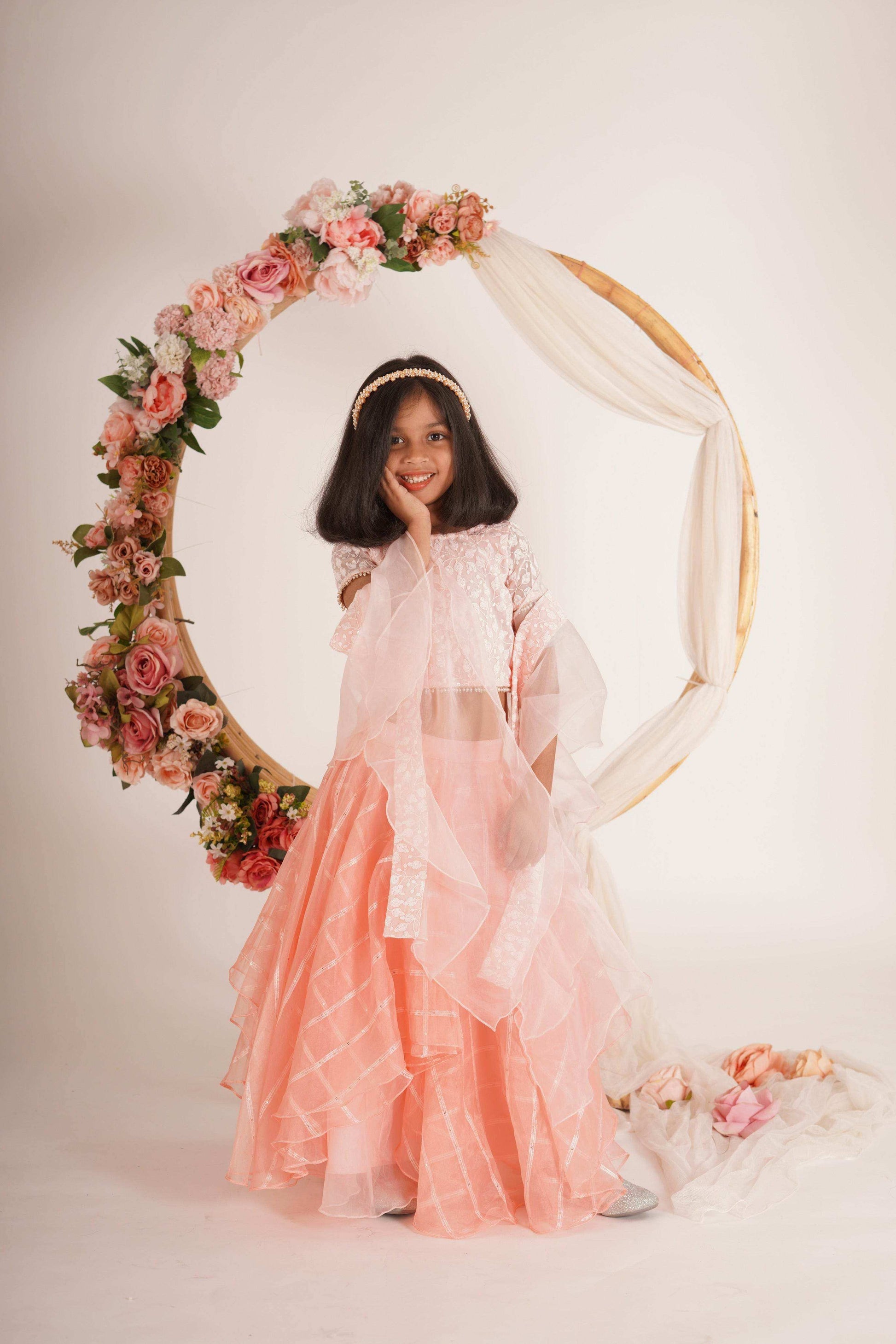 Ivana- Blouse,Lehenga and Dupatta Set - Peach Pink and Rose Gold - Monk & Mei