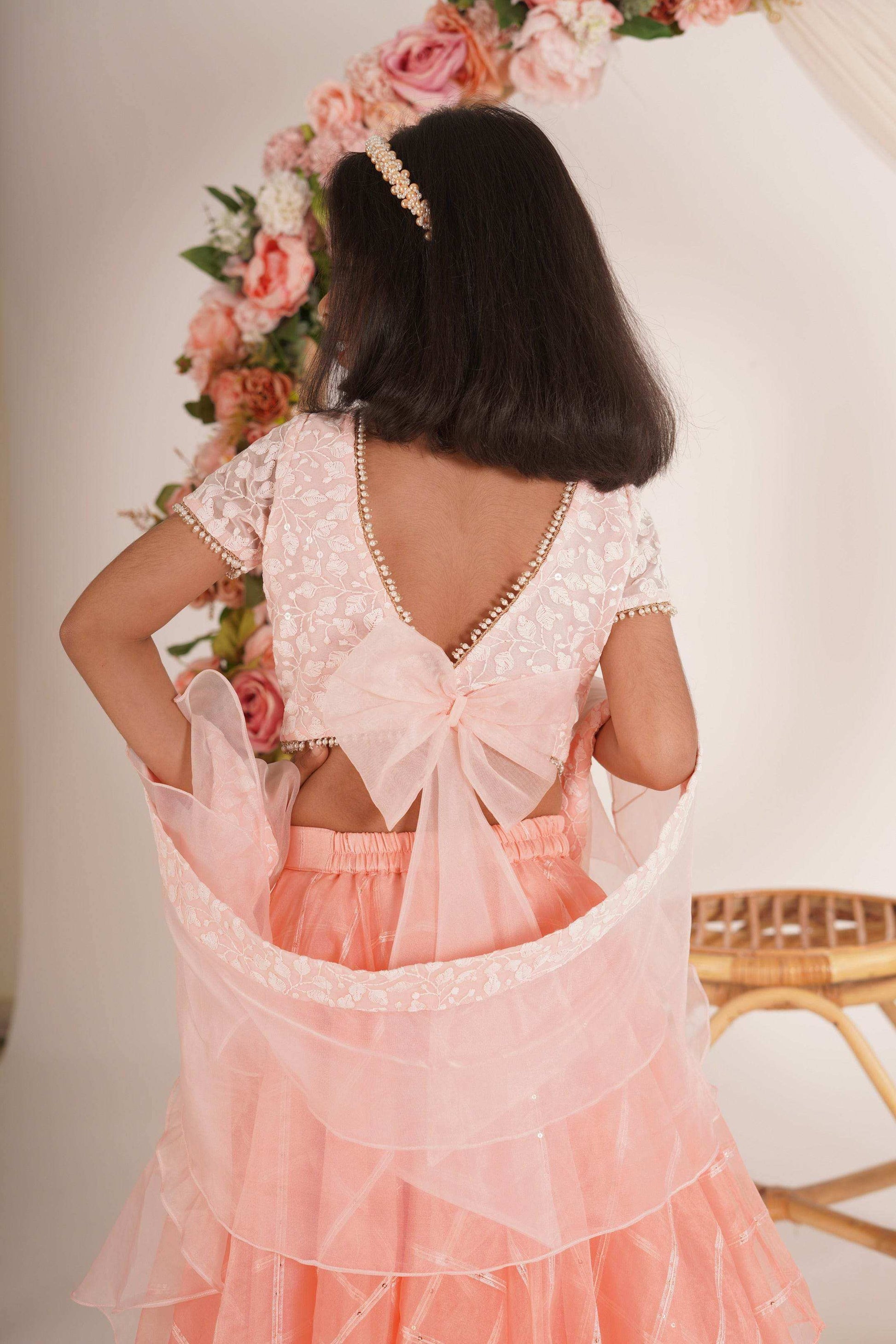 Ivana- Blouse,Lehenga and Dupatta Set - Peach Pink and Rose Gold - Monk & Mei