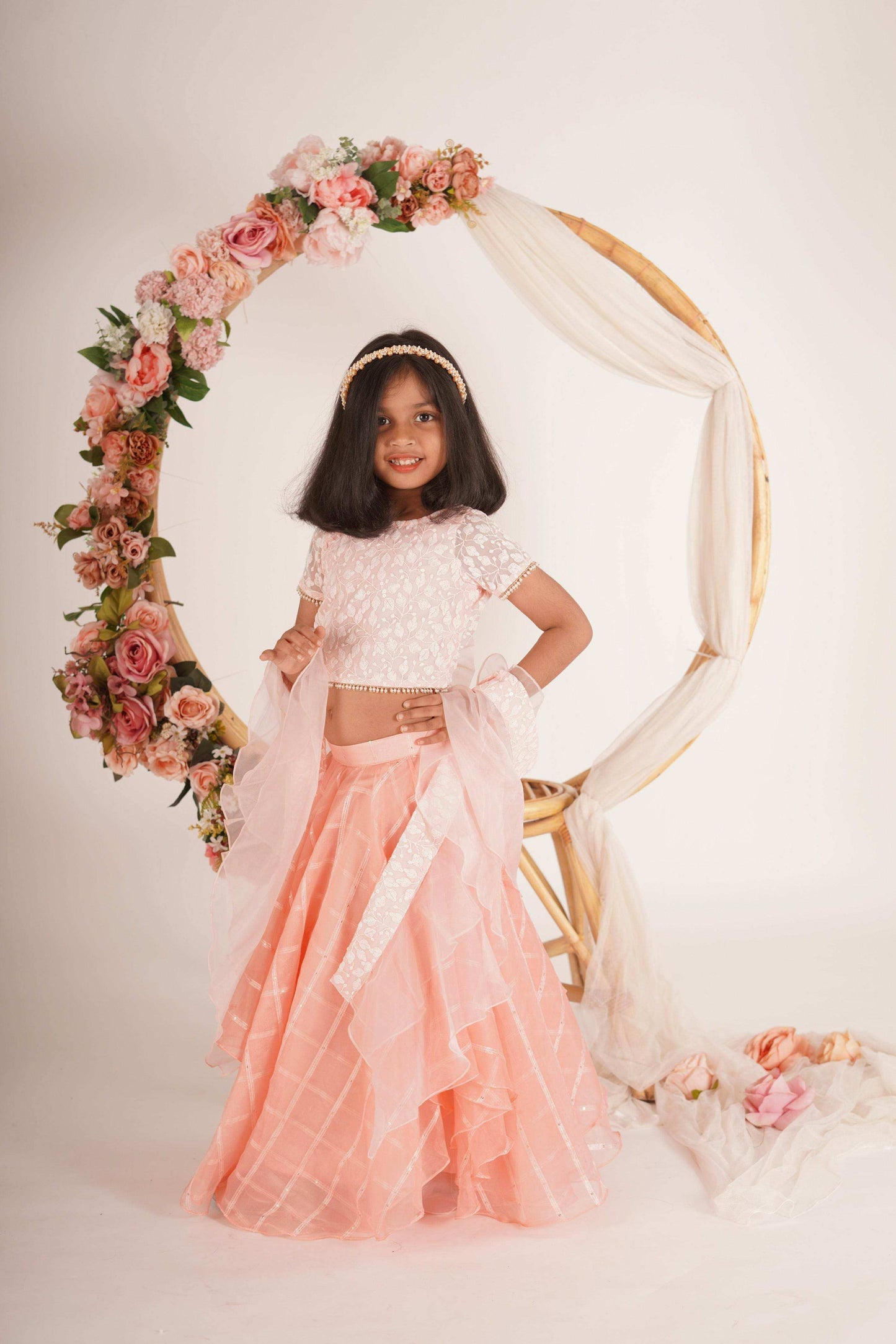 Ivana- Blouse,Lehenga and Dupatta Set - Peach Pink and Rose Gold - Monk & Mei