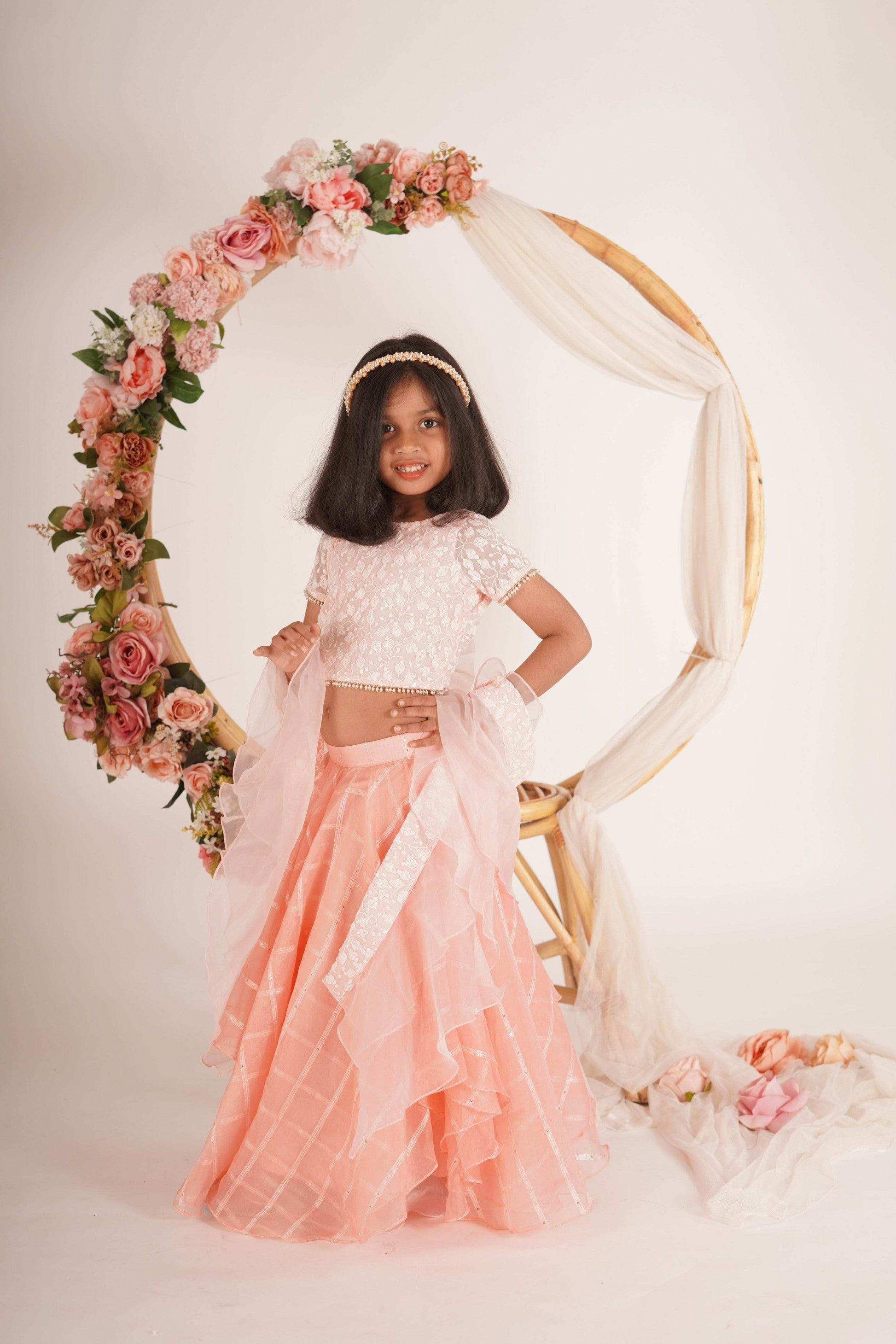 Ivana- Blouse,Lehenga and Dupatta Set - Peach Pink and Rose Gold - Monk & Mei