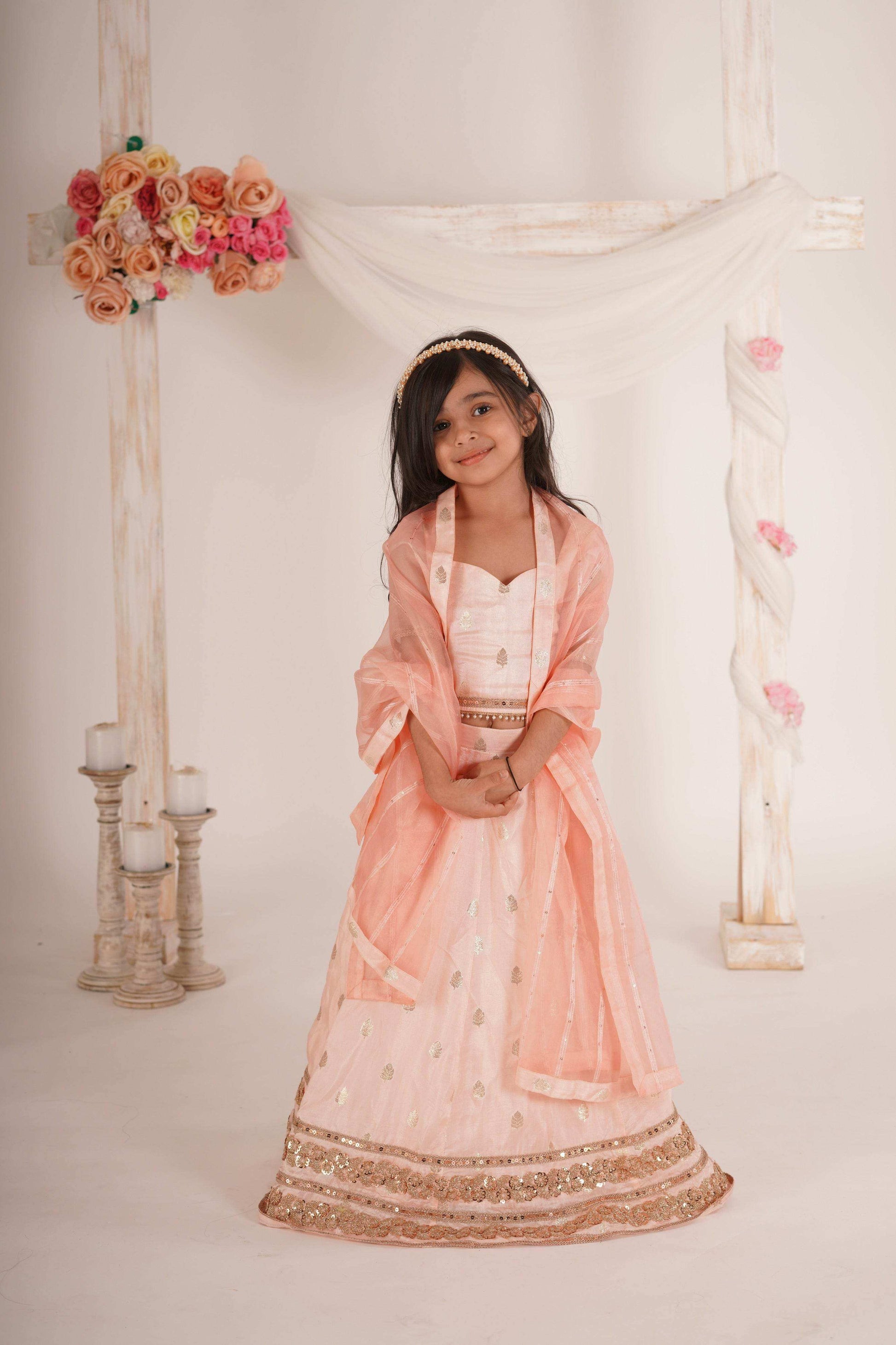 Zia- Blouse, Lehenga and Dupatta Set-Peach Pink and Rose Gold - Monk & Mei