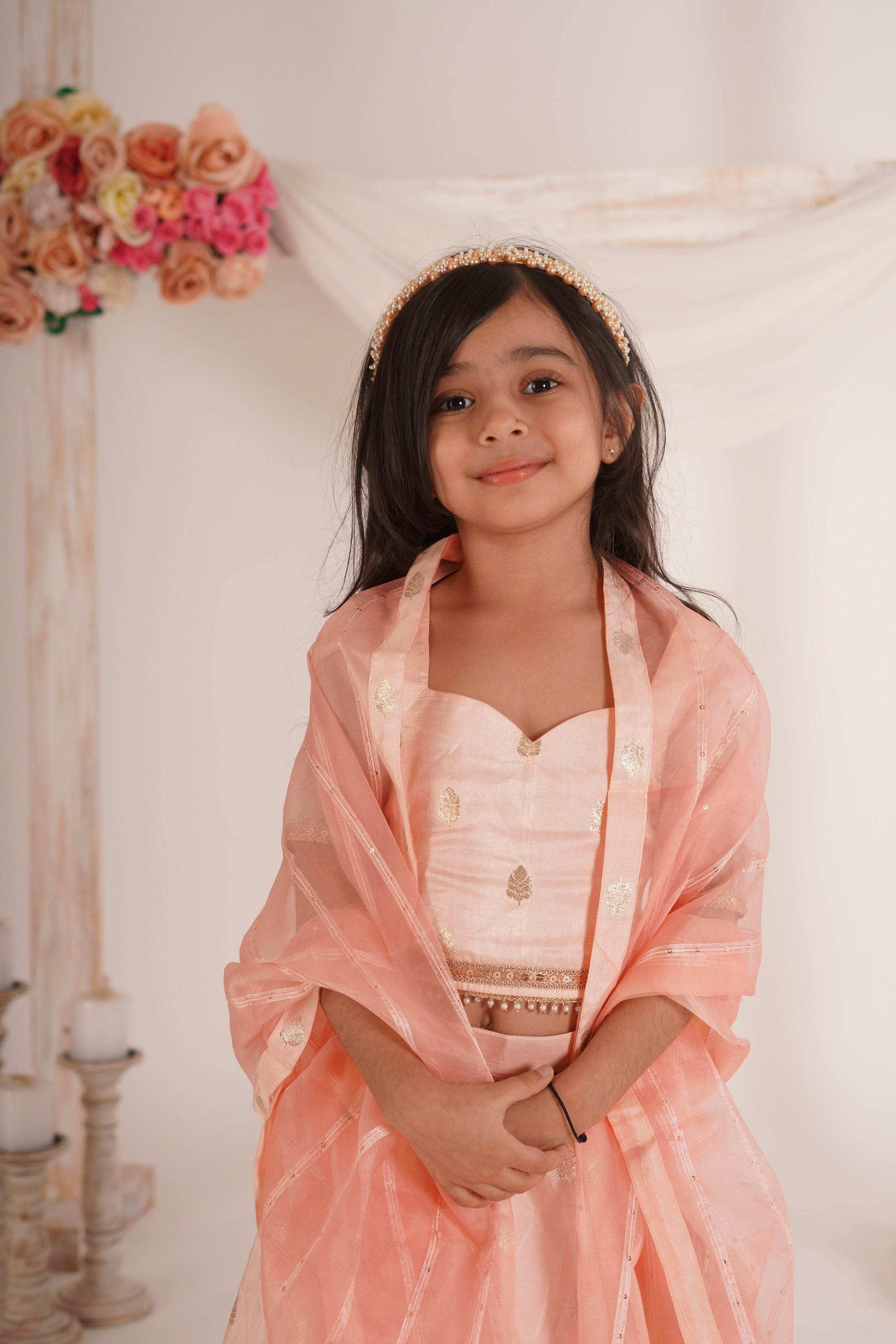 Zia- Blouse, Lehenga and Dupatta Set-Peach Pink and Rose Gold - Monk & Mei