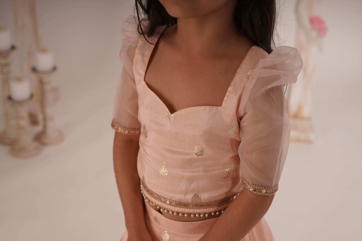 Zia- Blouse, Lehenga and Dupatta Set-Peach Pink and Rose Gold - Monk & Mei