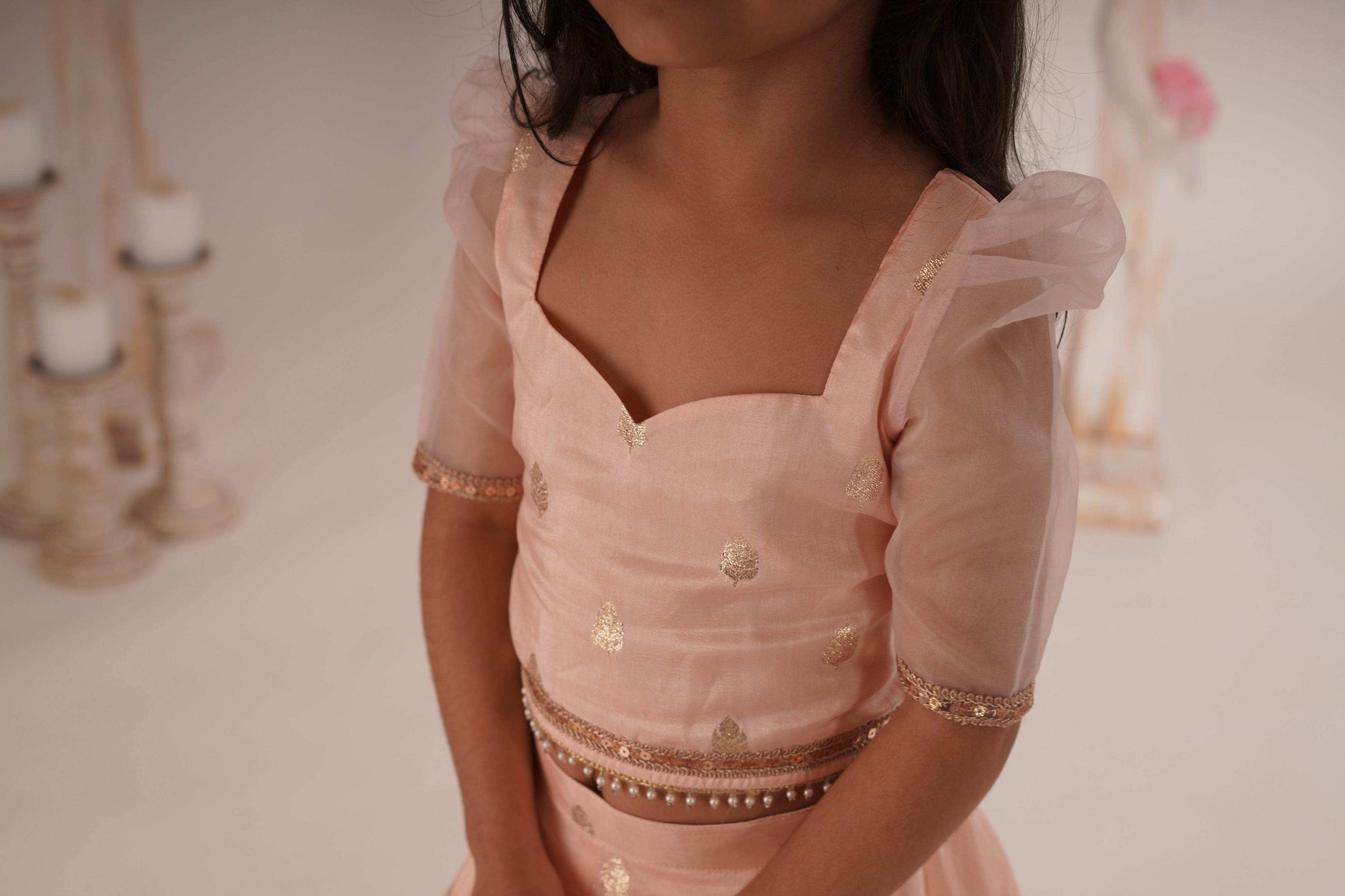 Zia- Blouse, Lehenga and Dupatta Set-Peach Pink and Rose Gold - Monk & Mei