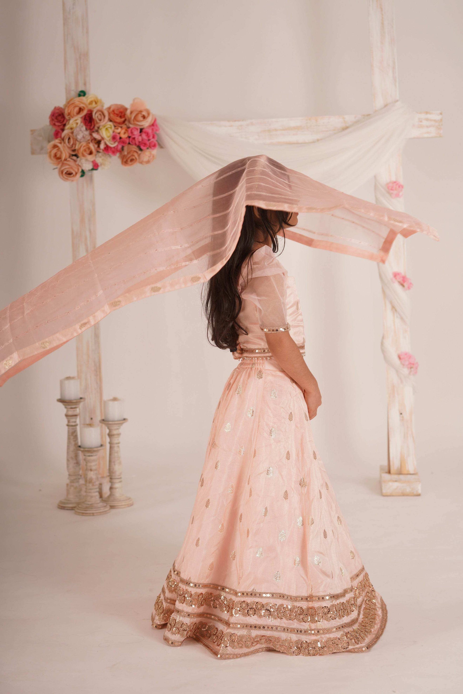 Zia- Blouse, Lehenga and Dupatta Set-Peach Pink and Rose Gold - Monk & Mei
