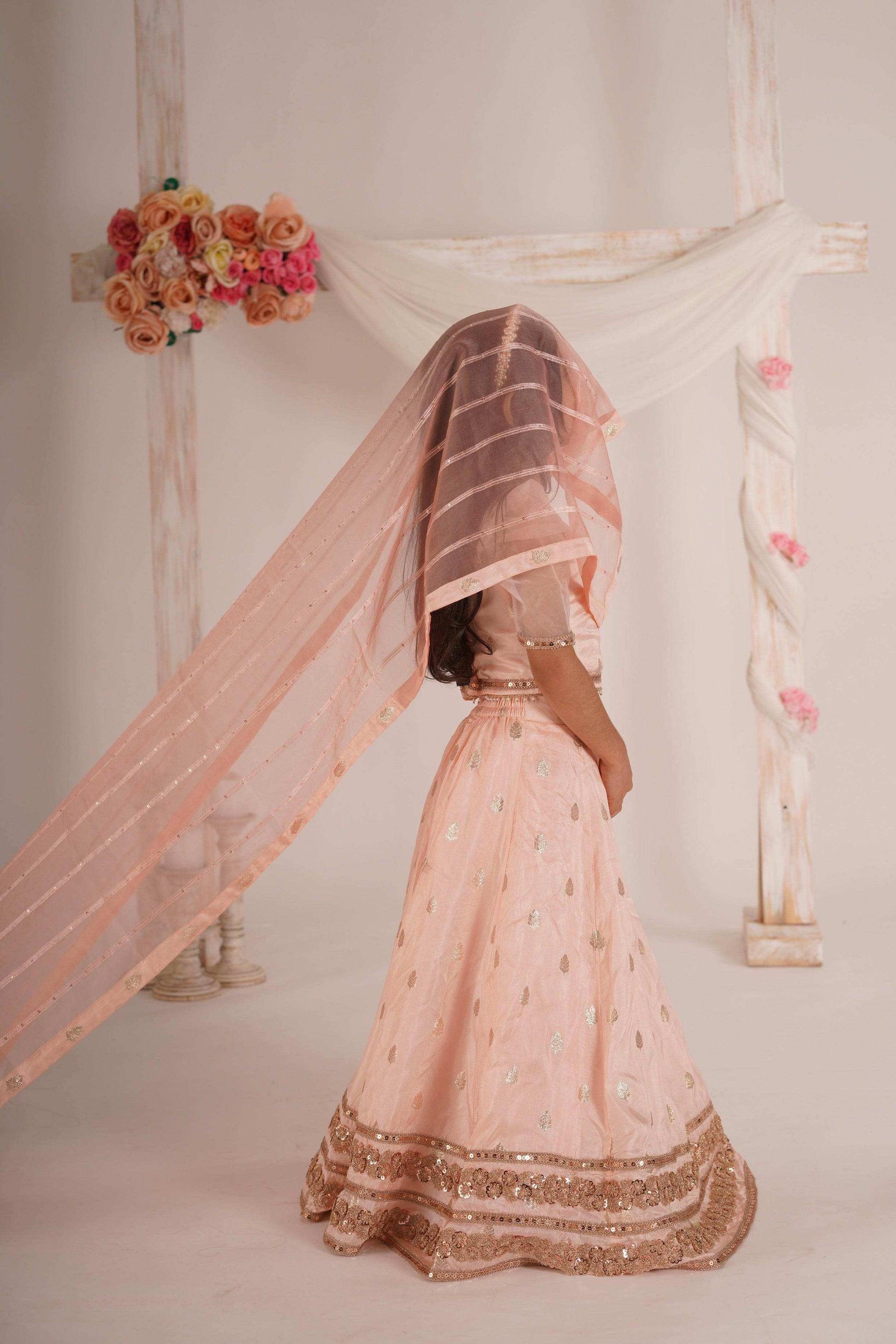 Zia- Blouse, Lehenga and Dupatta Set-Peach Pink and Rose Gold - Monk & Mei