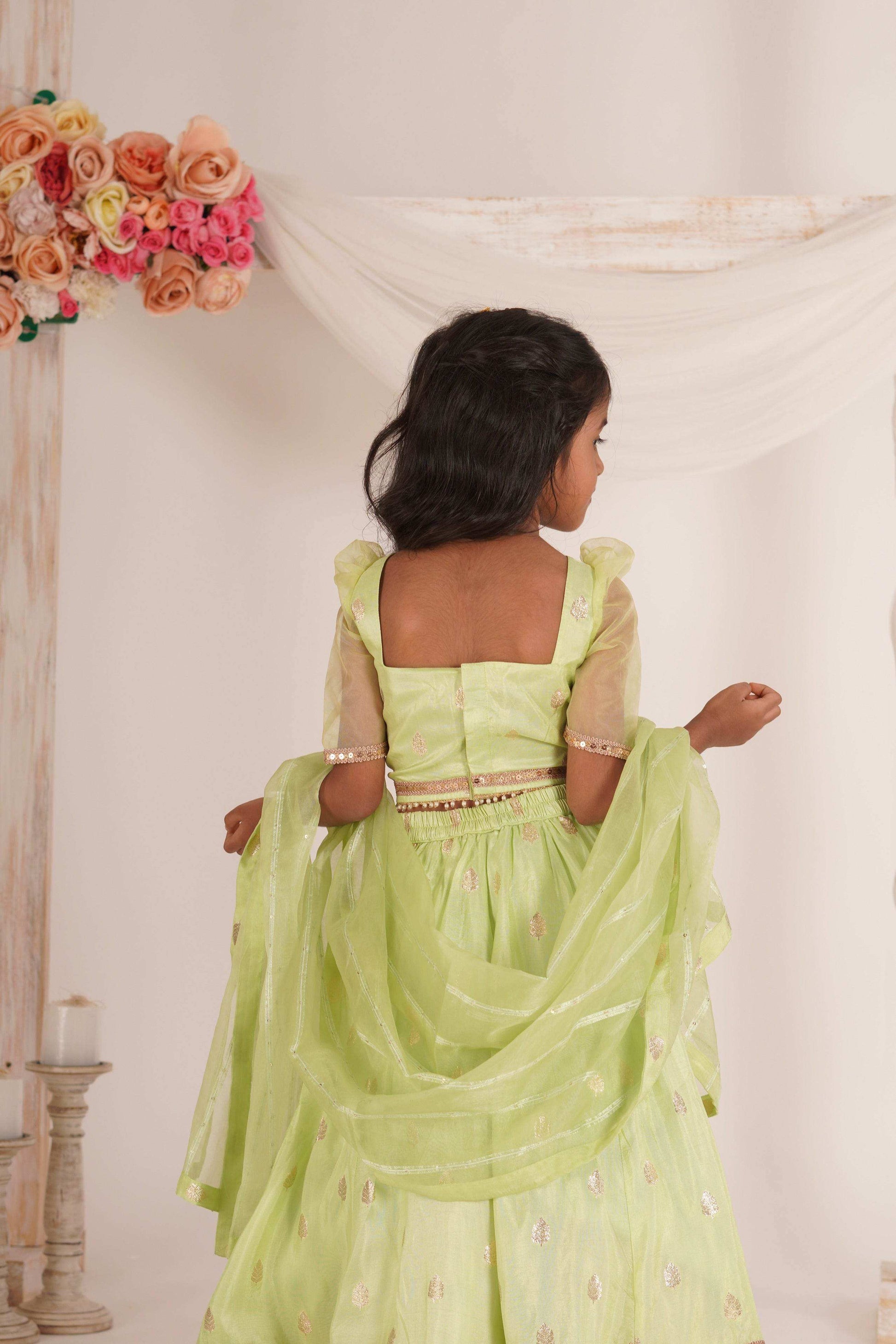 Zia- Blouse, Lehenga and Dupatta set- Pista Green and Rose Gold - Monk & Mei