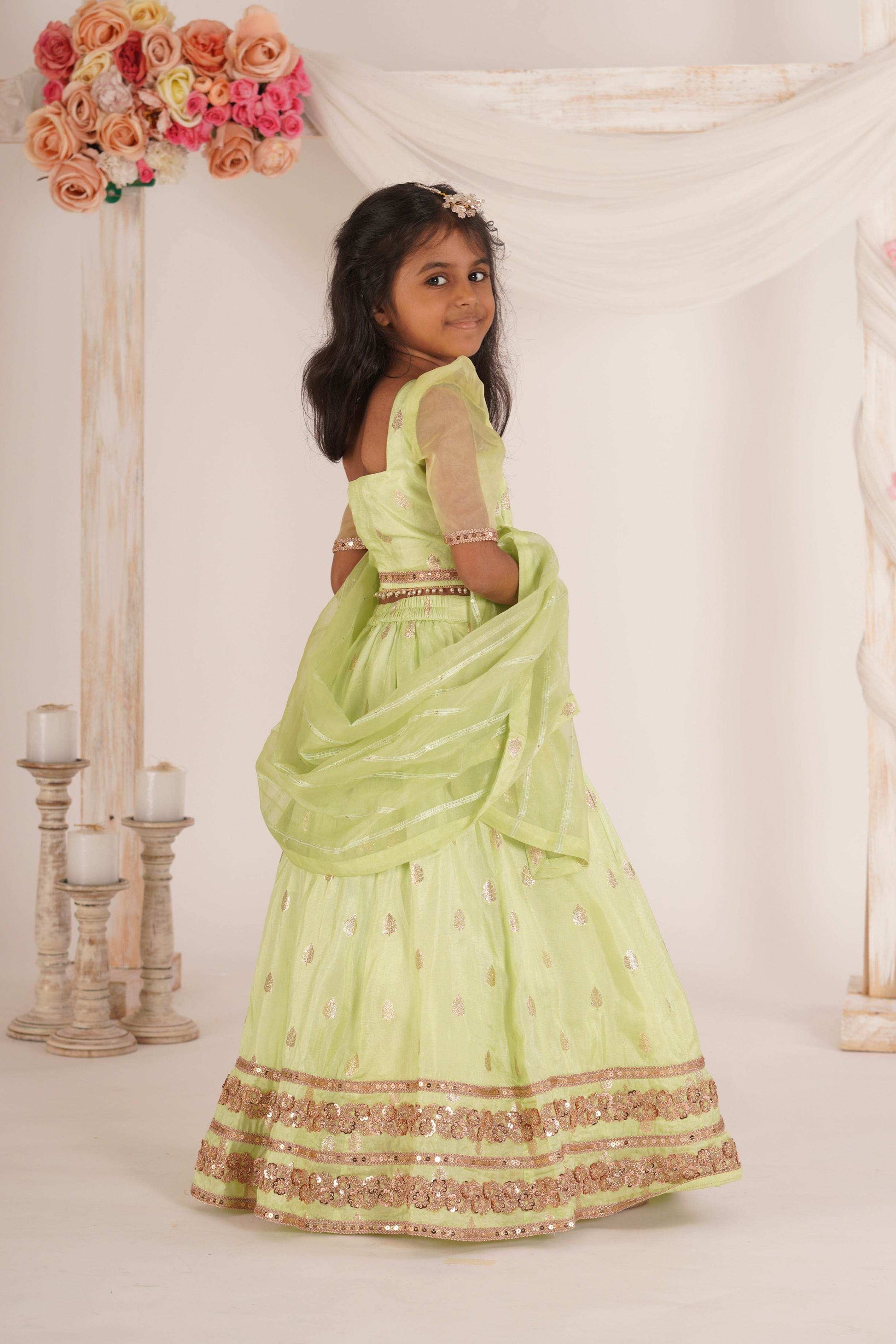 Zia- Blouse, Lehenga and Dupatta set- Pista Green and Rose Gold - Monk & Mei