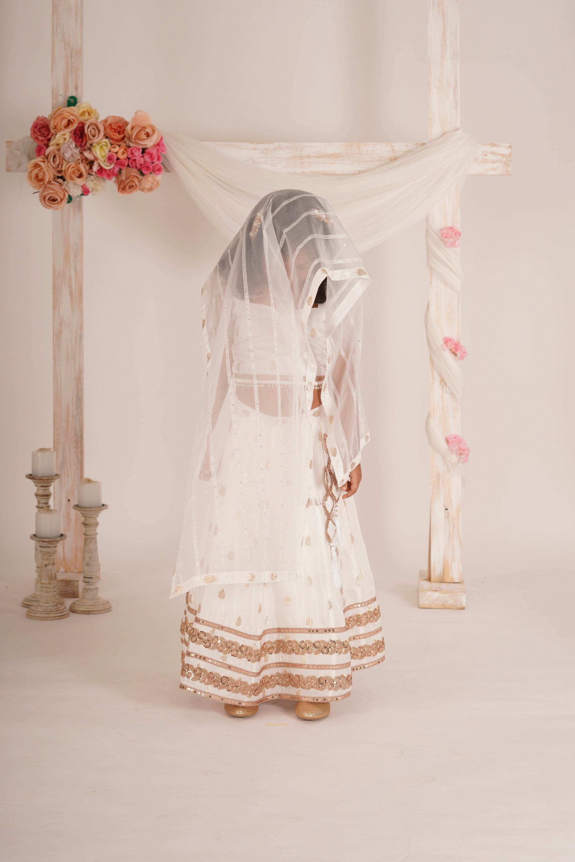 Zia Blouse, Lehenga and Dupatta Set- White and Rose Gold - Monk & Mei