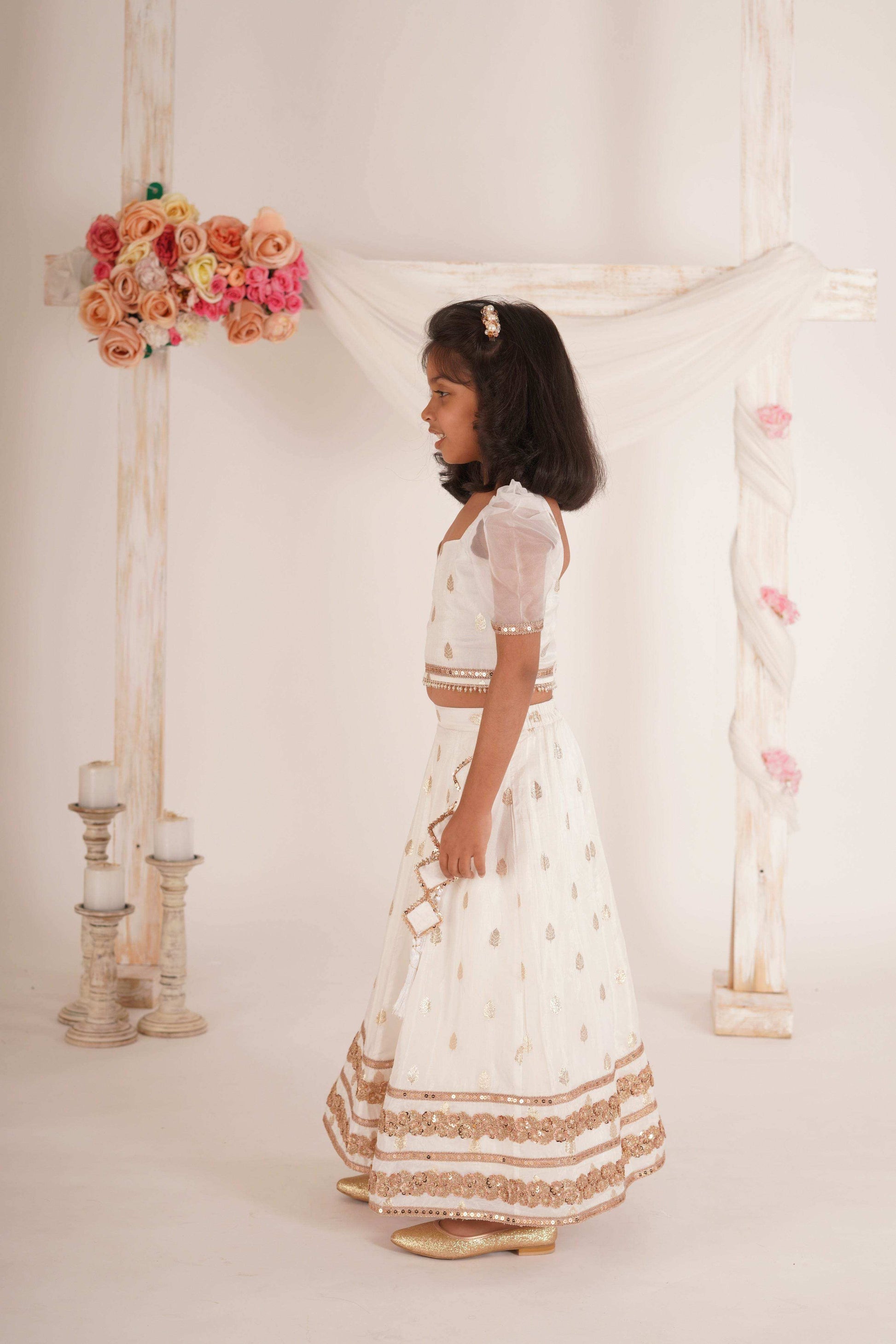 Zia Blouse, Lehenga and Dupatta Set- White and Rose Gold - Monk & Mei