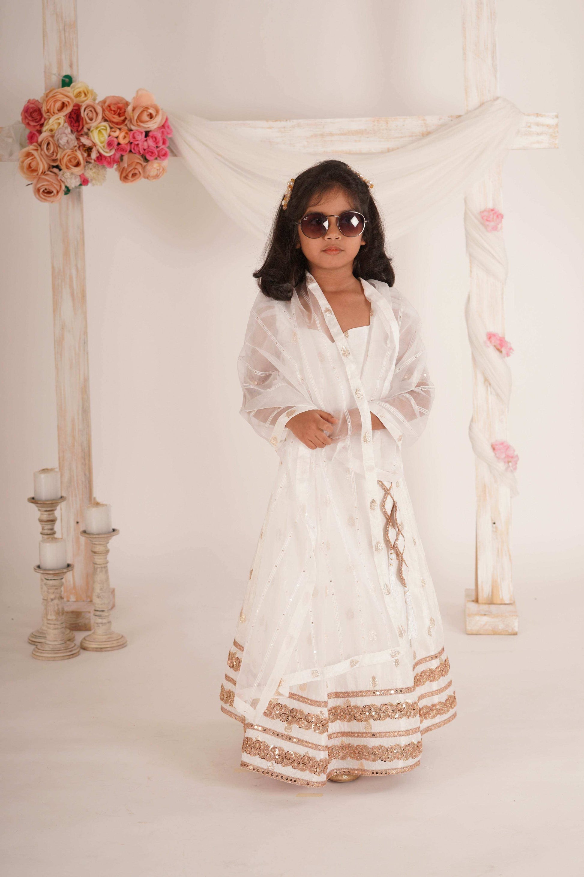 Zia Blouse, Lehenga and Dupatta Set- White and Rose Gold - Monk & Mei