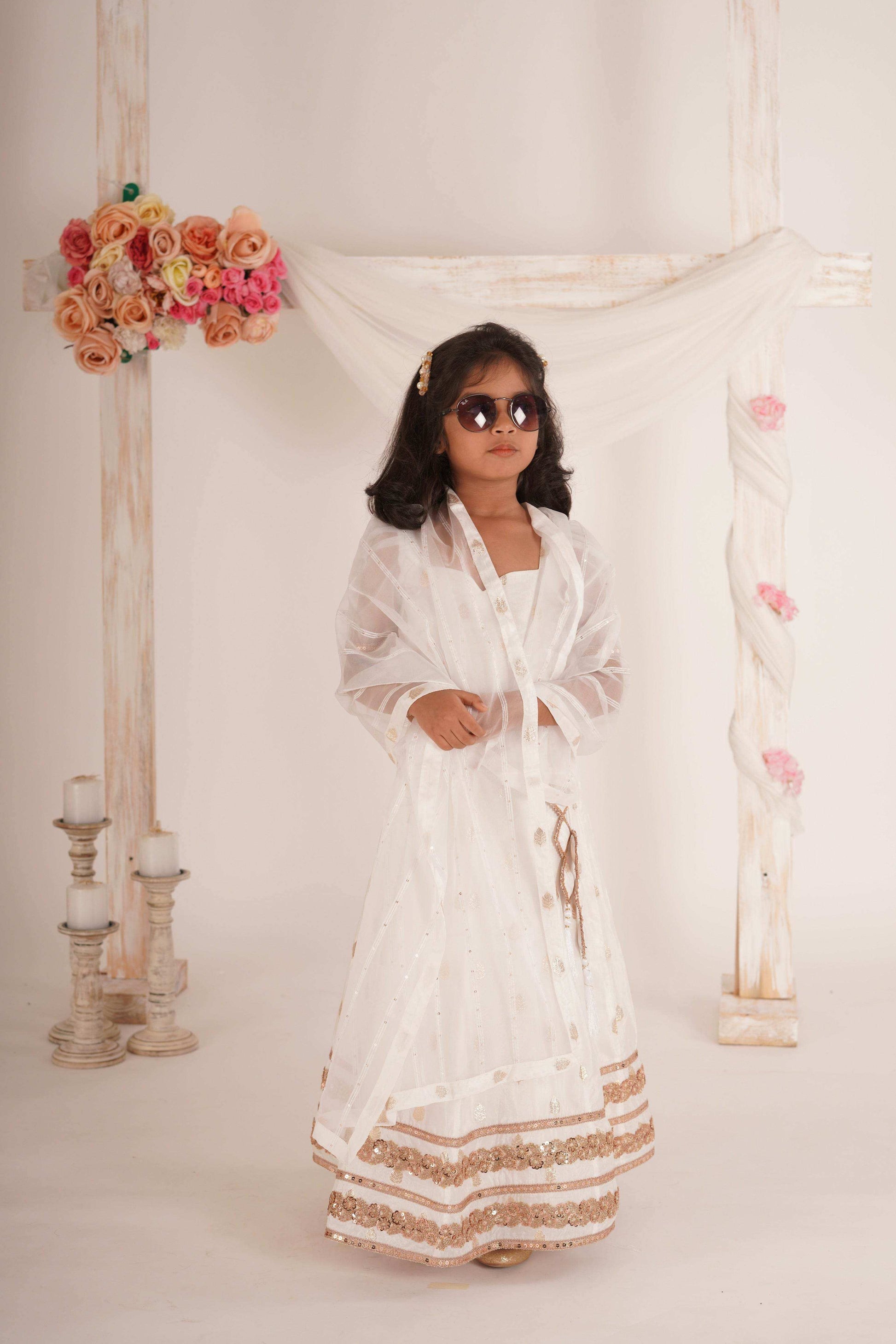 Zia Blouse, Lehenga and Dupatta Set- White and Rose Gold - Monk & Mei