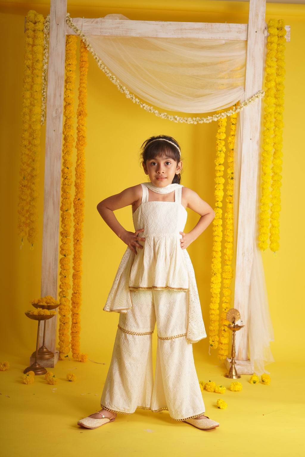 Ishani Off White - Kurta, Sharara and Dupatta set - Monk & Mei