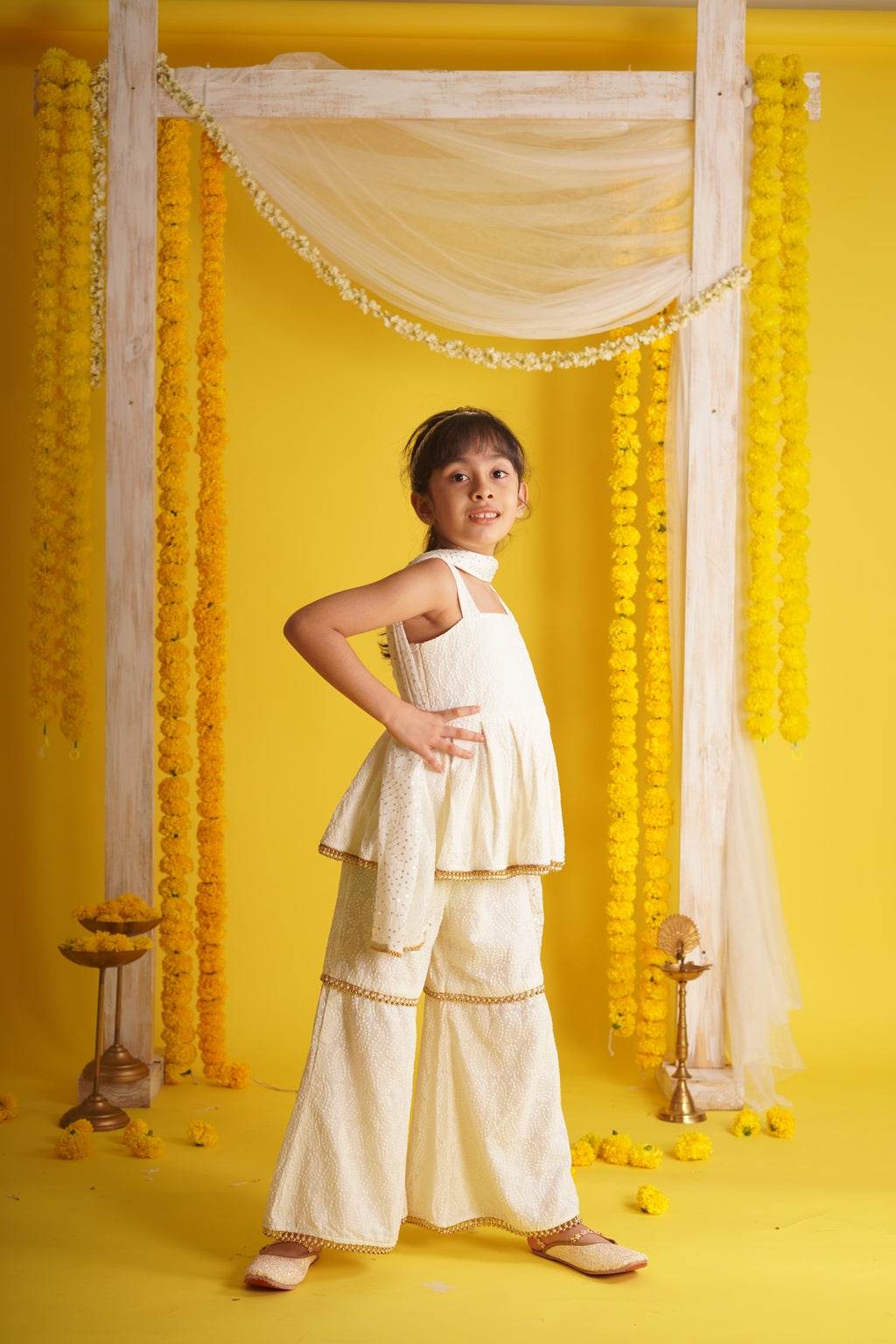 Ishani Off White - Kurta, Sharara and Dupatta set - Monk & Mei