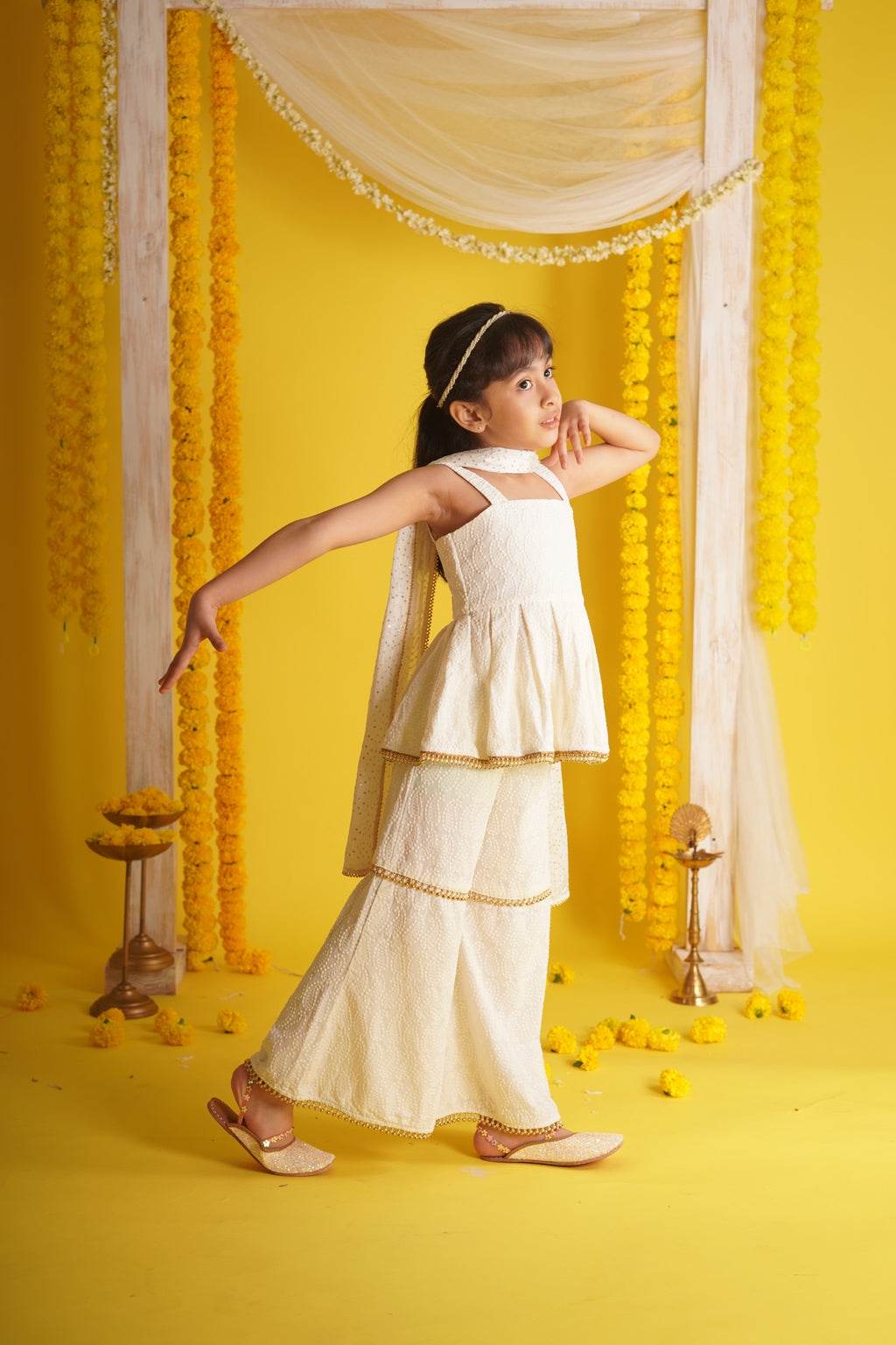 Ishani Off White - Kurta, Sharara and Dupatta set - Monk & Mei