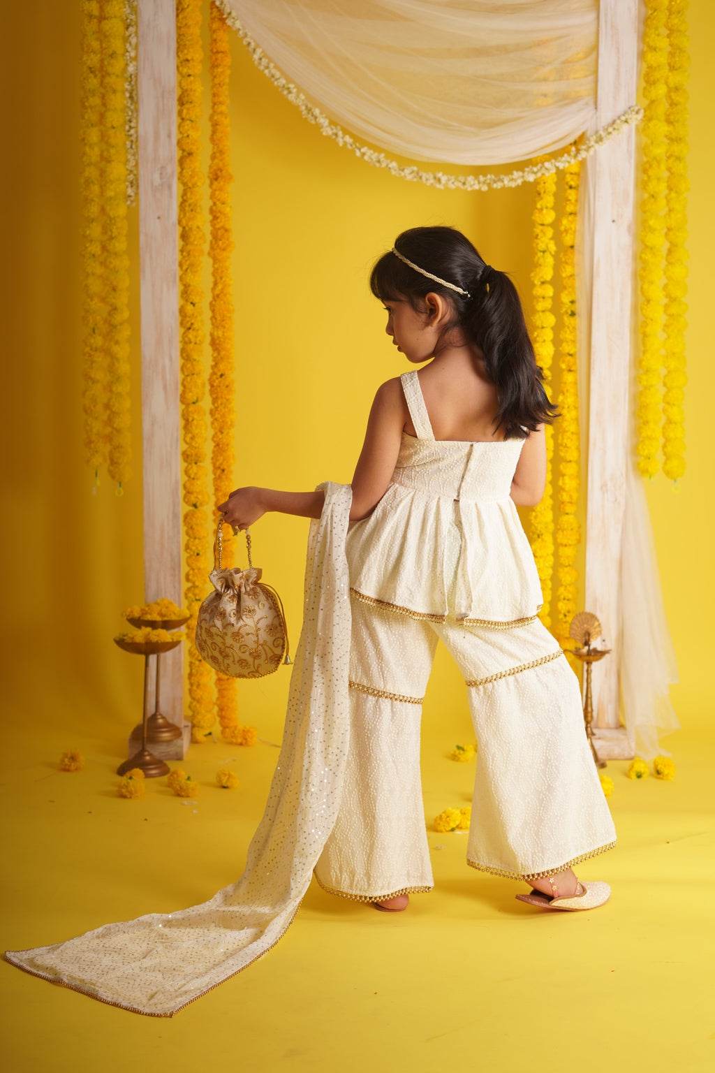 Ishani Off White - Kurta, Sharara and Dupatta set - Monk & Mei