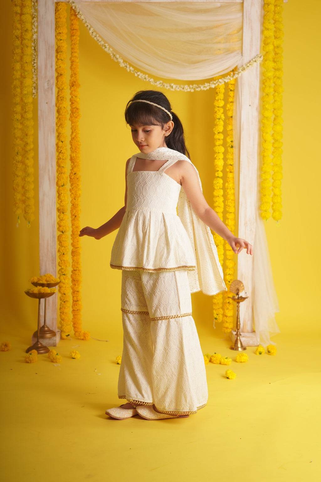 Ishani Off White - Kurta, Sharara and Dupatta set - Monk & Mei