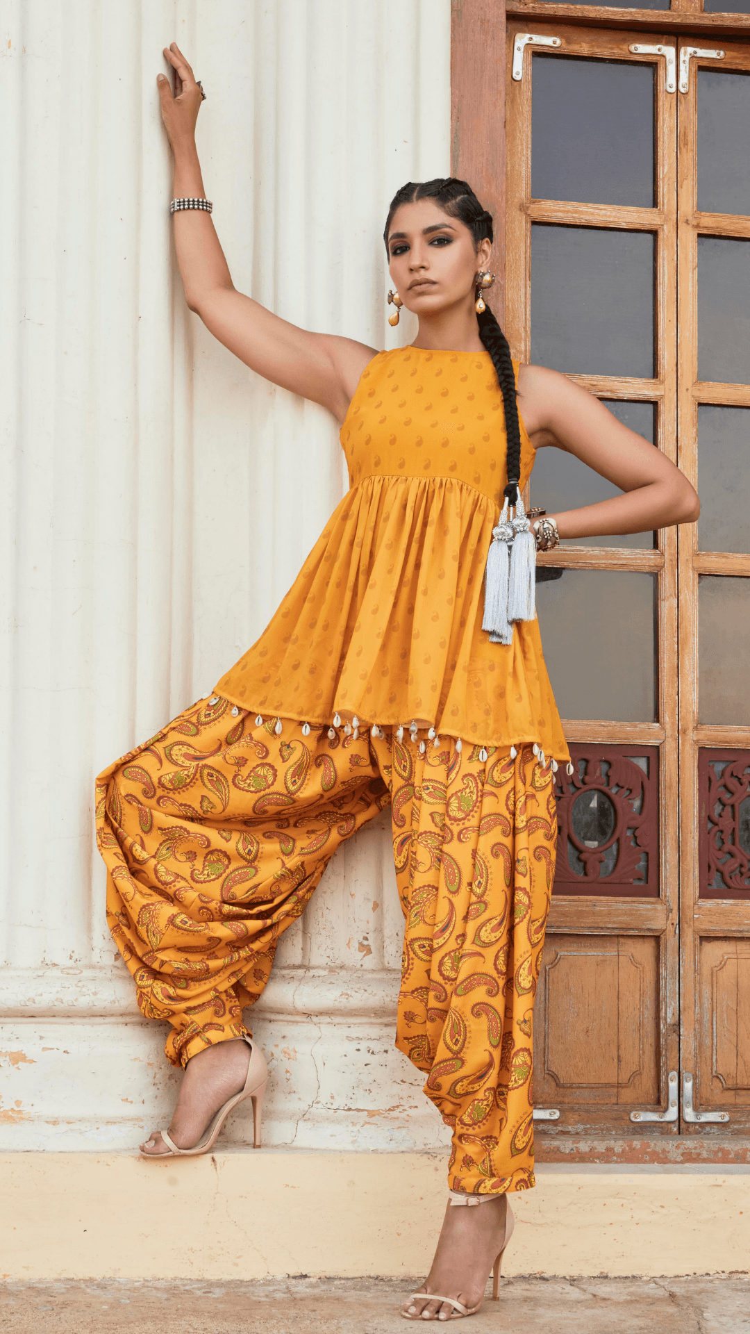 Paheli Top & Dhoti with Embroidered Belt - Turmeric Yellow - Monk & Mei